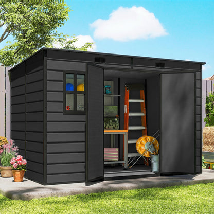 10 x 6 ft Plastic Garden Shed with Floor, Lockable Doors, Dark Grey