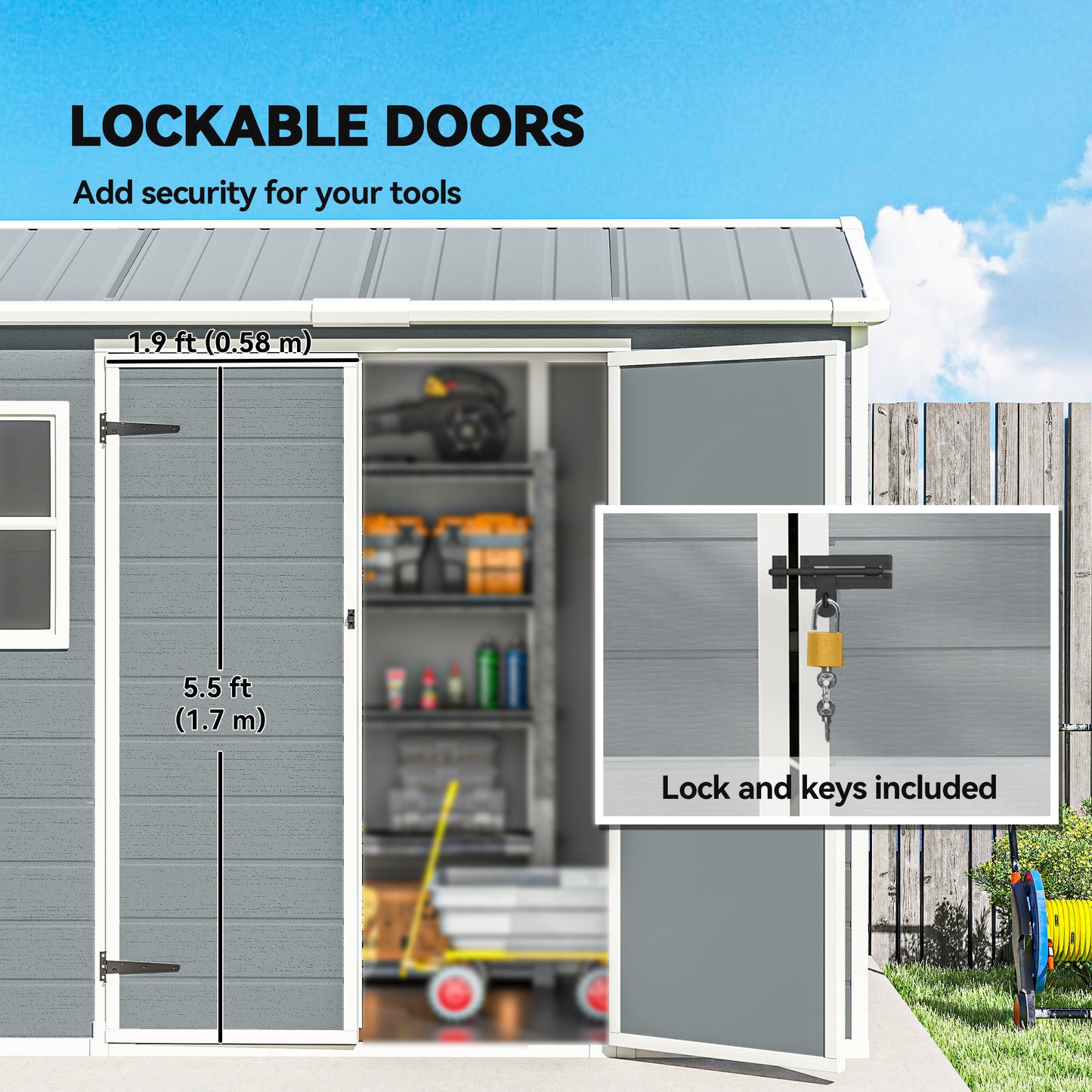 8 x 4 ft Resin Garden Shed with Floor, Lockable Doors, Light Grey