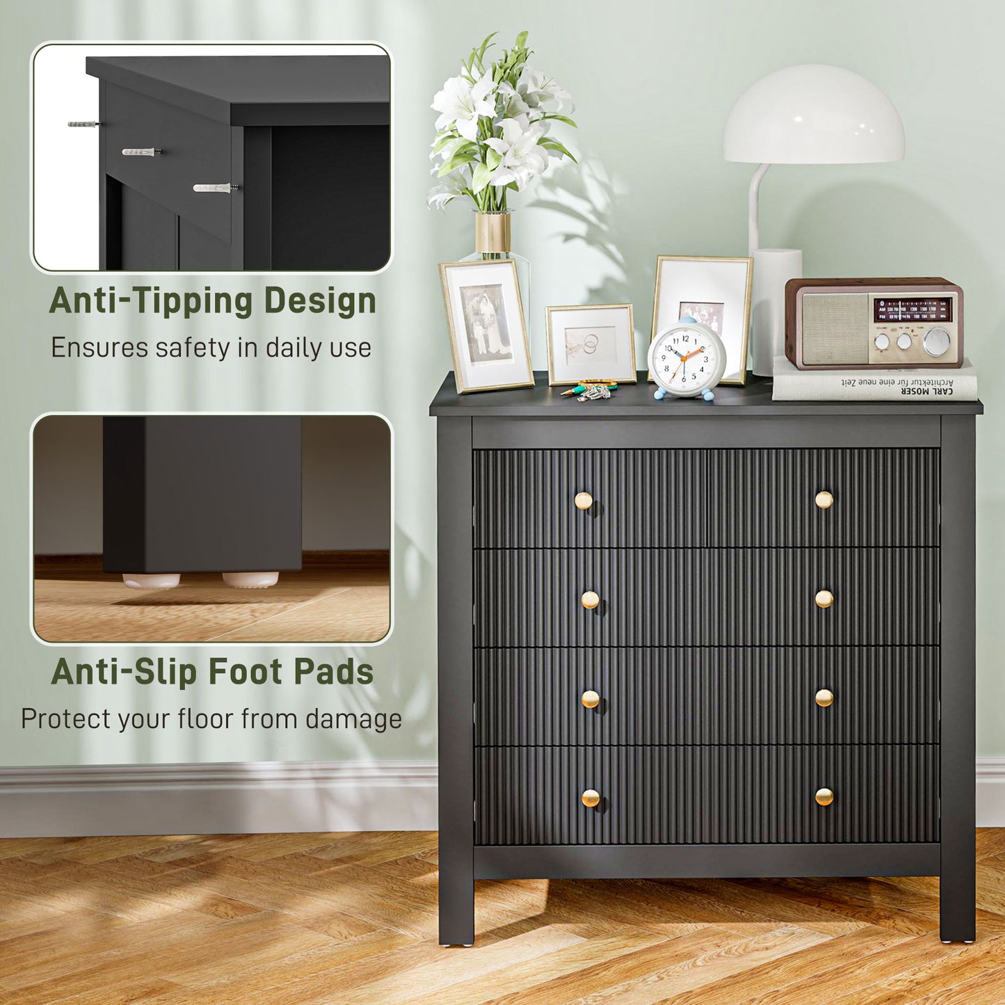 Fluted Bedroom Chest of Drawers w/ 5 Drawers Gold Tone Handles Black