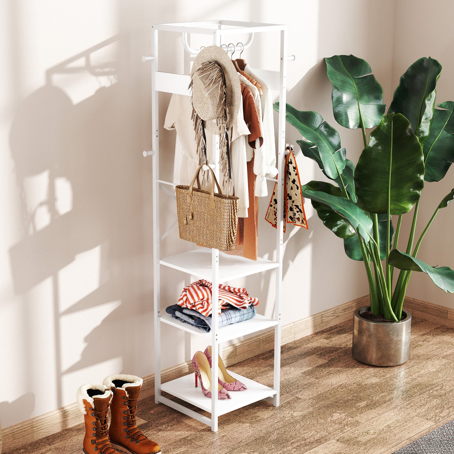 Clothes Rail with Storage Shelf and Hooks, Clothes Rack, White