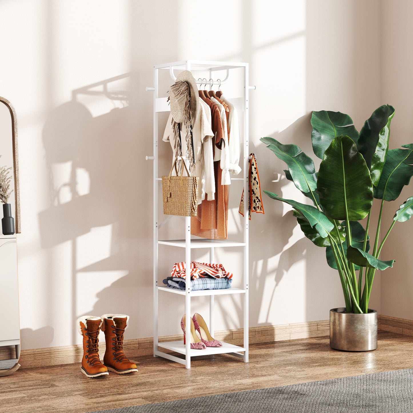 Clothes Rail with Storage Shelf and Hooks, Clothes Rack, White