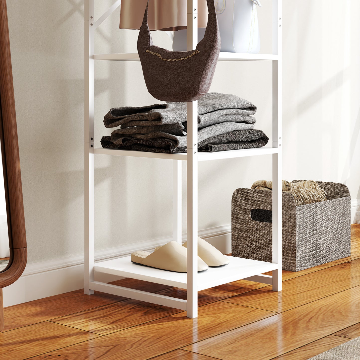 Clothes Rail with Storage Shelf and Hooks, Clothes Rack, White