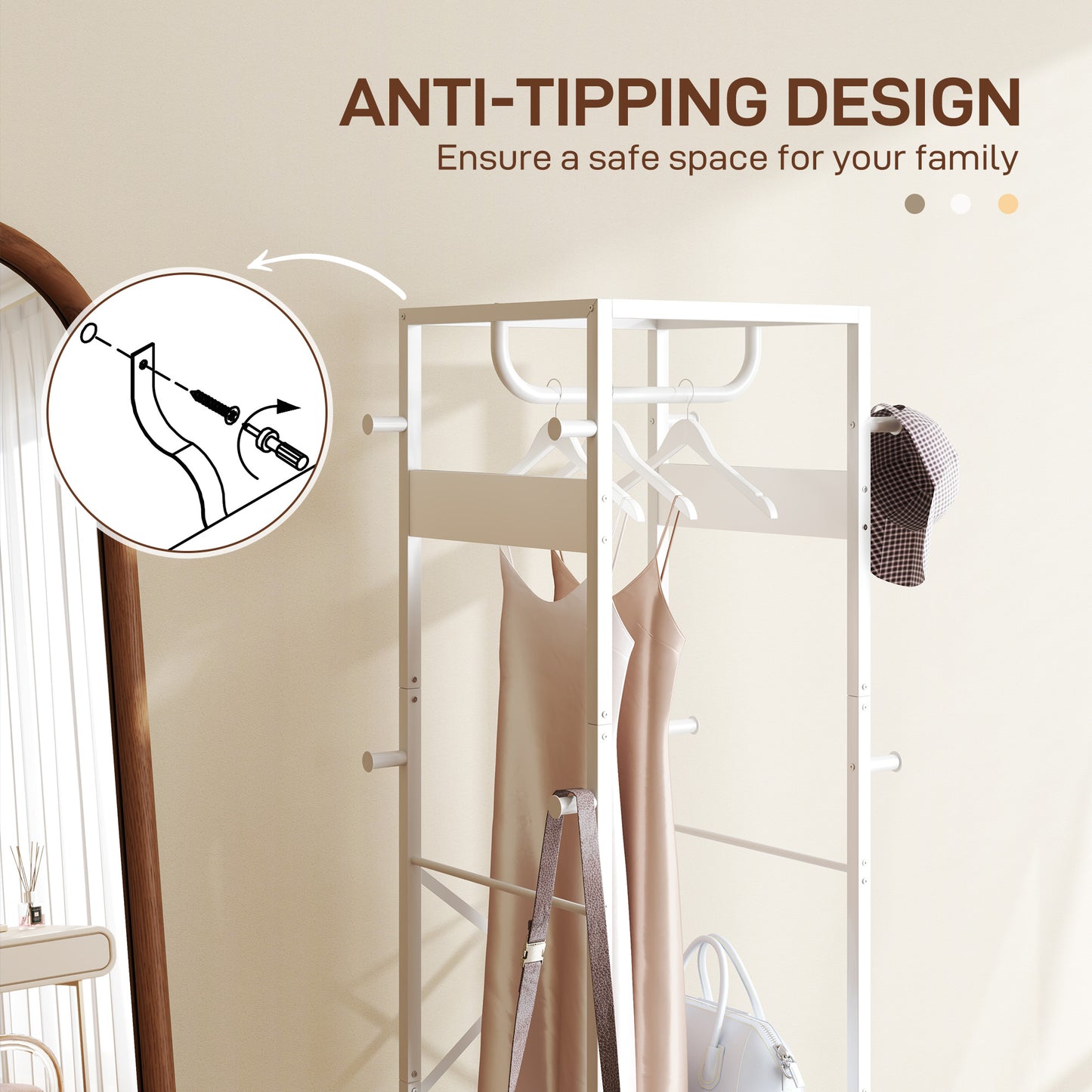 Clothes Rail with Storage Shelf and Hooks, Clothes Rack, White