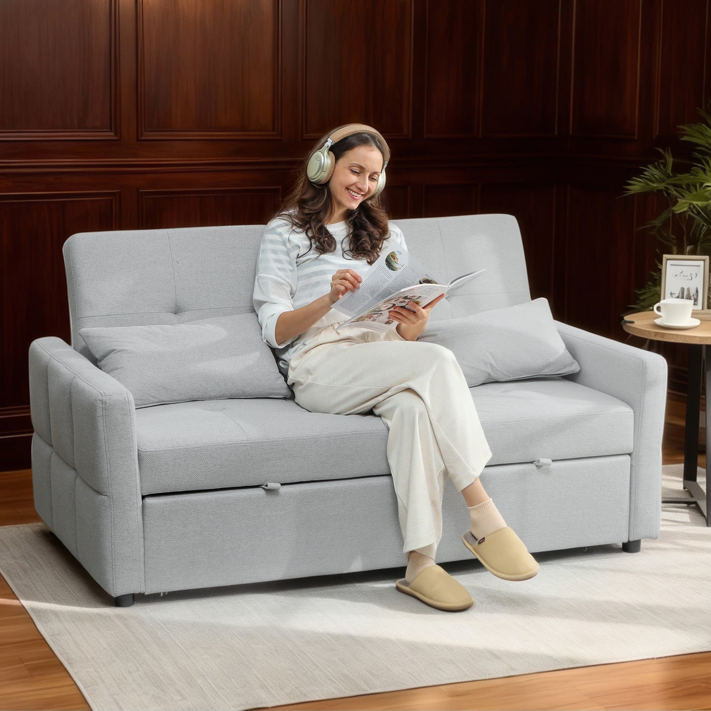 2 Seater Sofa Bed, Convertible Pull Out Bed Settee, Light Grey