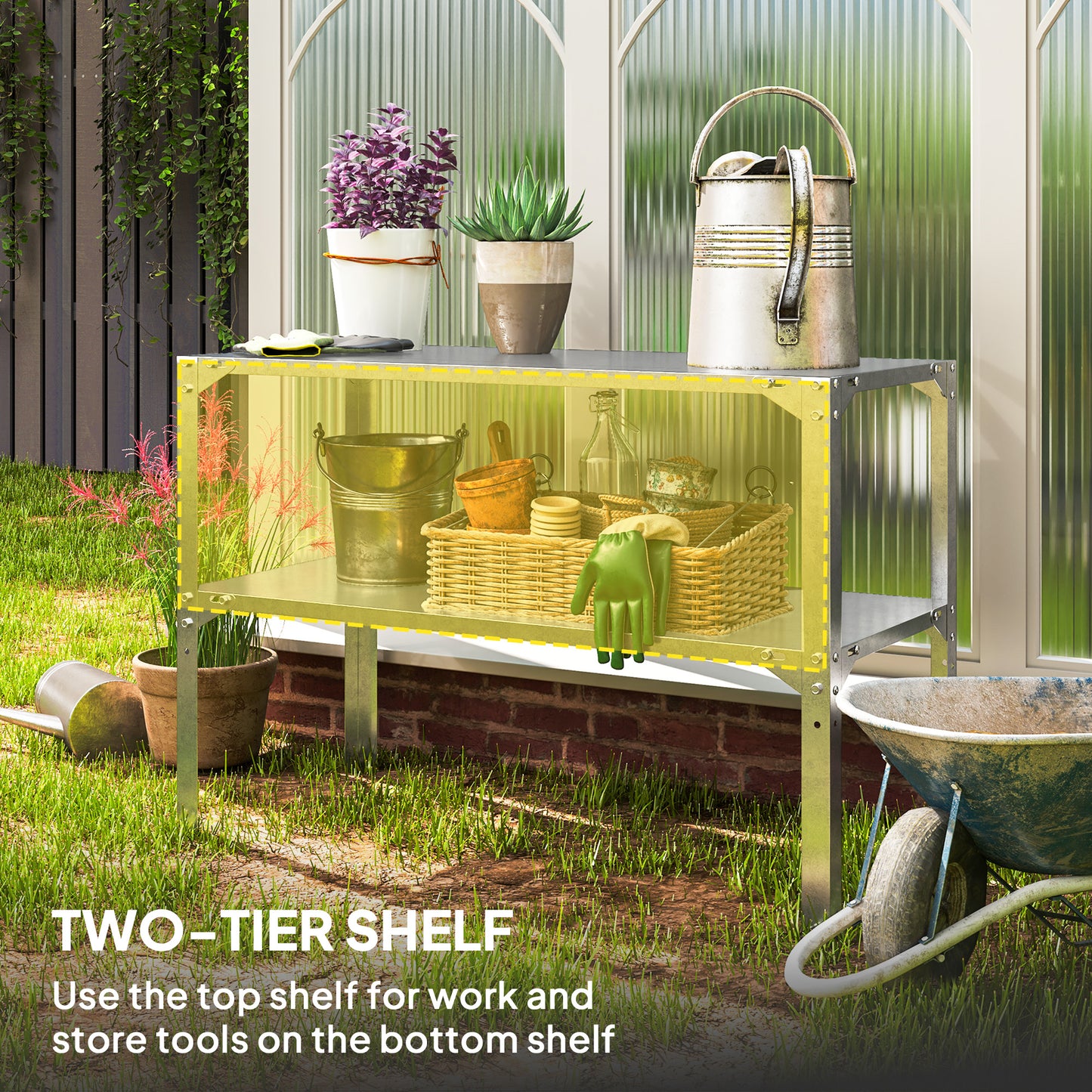 2 Tier Potting Bench Table, Galvanised Work Bench, Silver Tone