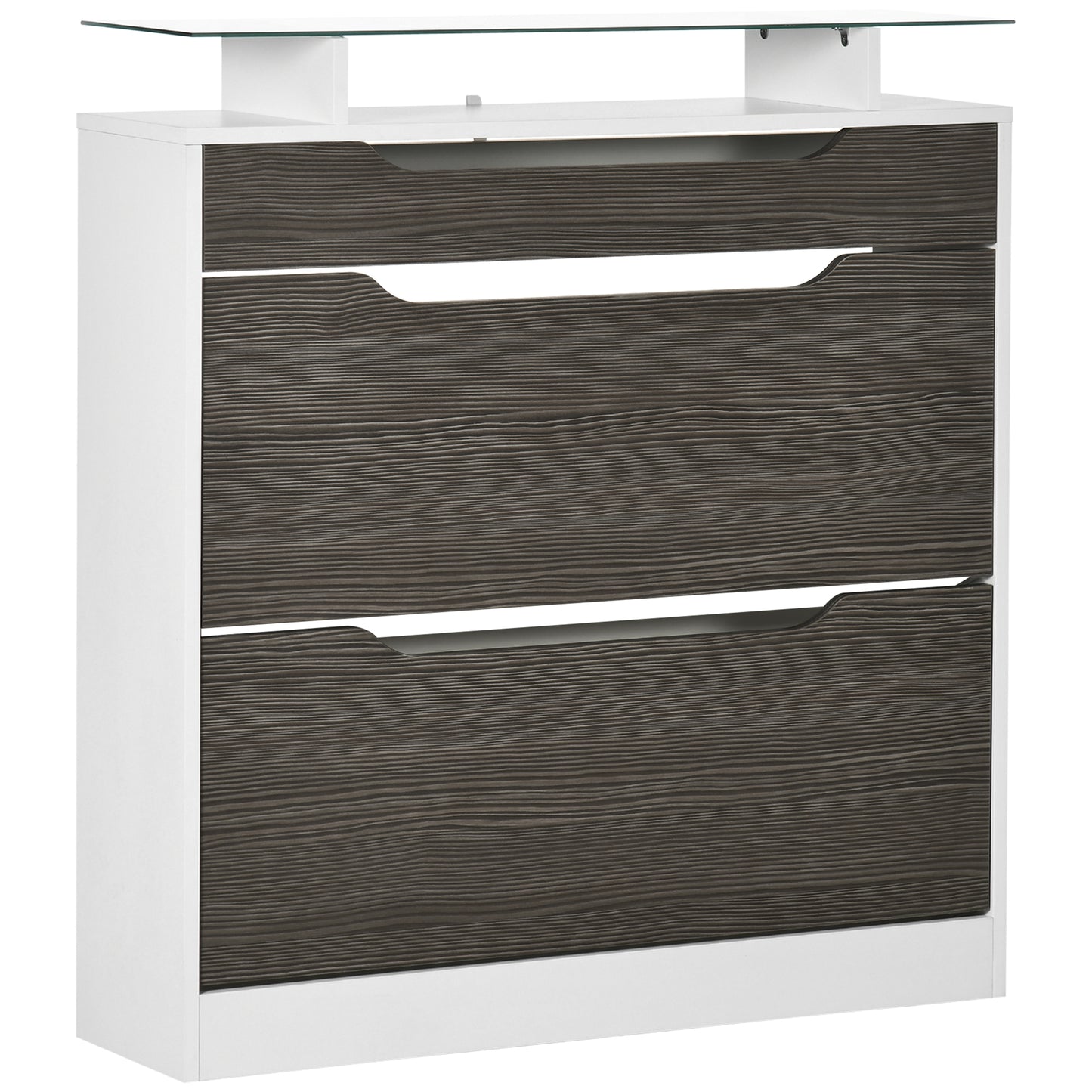Shoe Cabinet with 3 Drawers, High Gloss Front Panels, Glass Top Grey