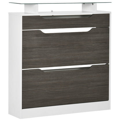 Shoe Cabinet with 3 Drawers, High Gloss Front Panels, Glass Top Grey