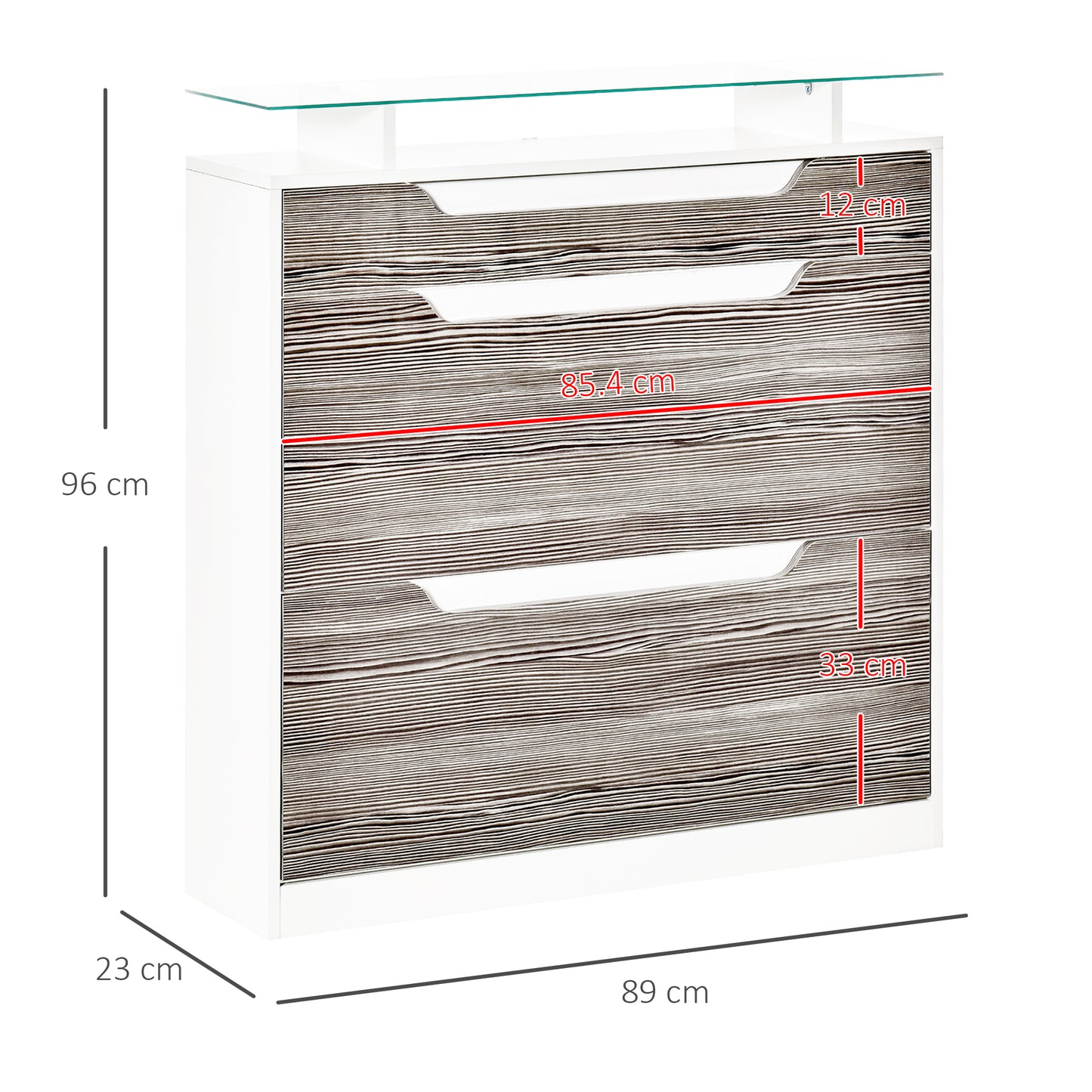 Shoe Cabinet with 3 Drawers, High Gloss Front Panels, Glass Top Grey
