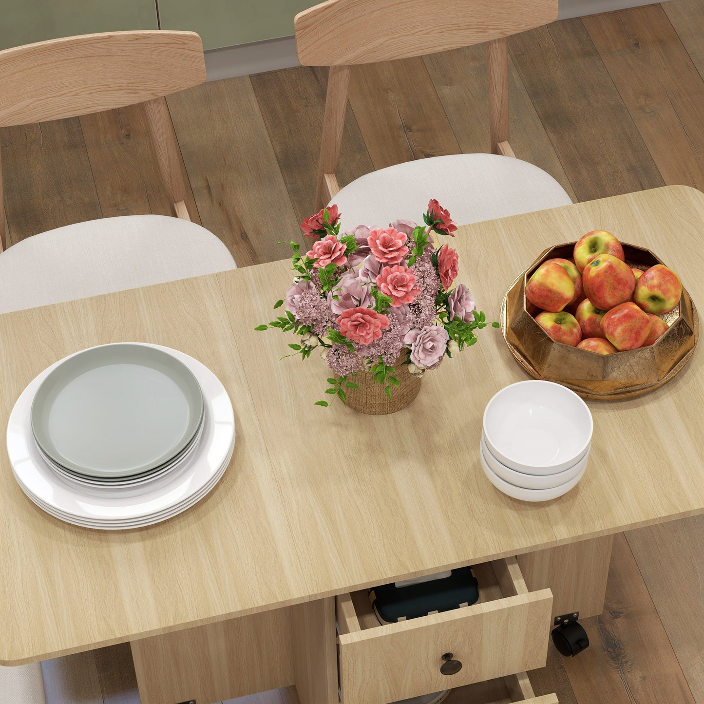 Folding Dining Table, Drop Leaf Table With Drawers Natural Wood