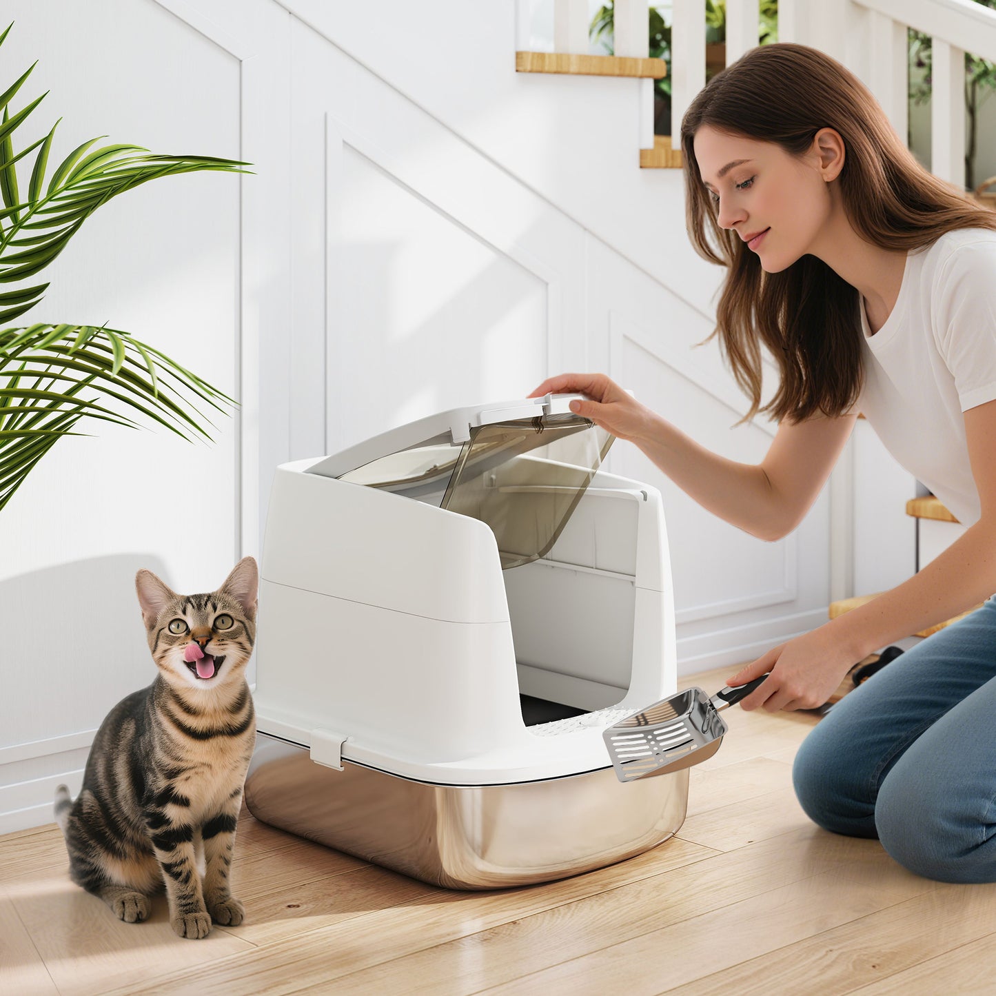 Stainless Steel Litter Box, Enclosed Metal Cat Litter Tray with Scoop