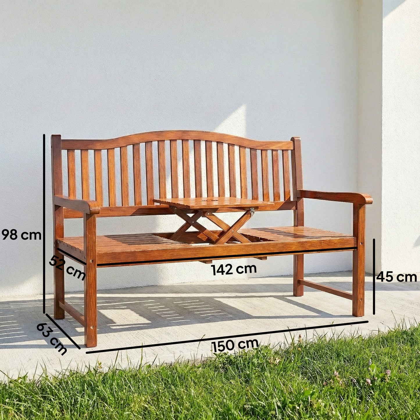 Wood Garden Loveseat Bench with Liftable Table, Cover, Light Brown
