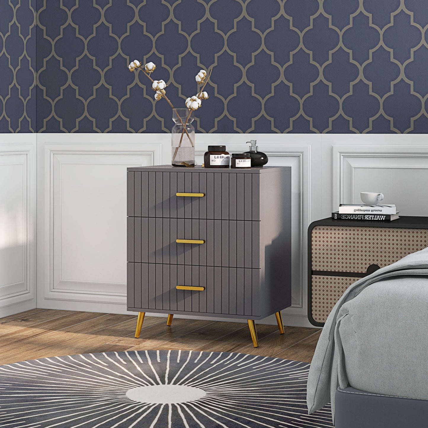 Bedroom Chest of Drawers, 3-Drawer Dresser with Aluminium Legs