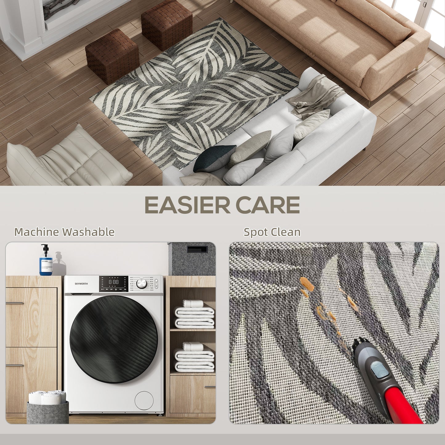 Easy-Cleaning Machine Washable Rug for Patio, Garden, Grey