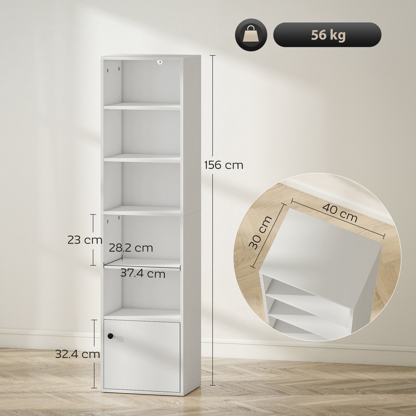 Tall Bookcase, 6-Tier Bookshelf with 3 Adjustable Shelves, White