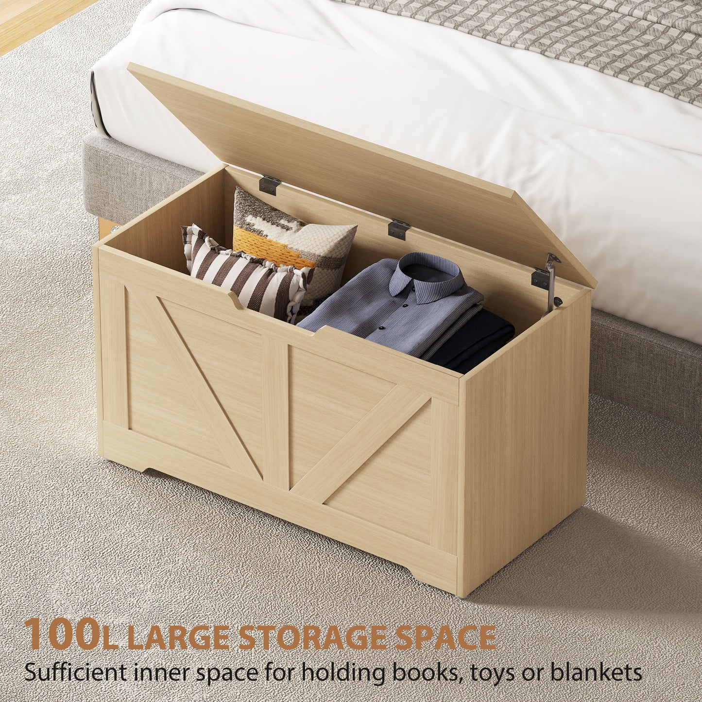 Storage Trunk with 2 Safety Hinges, 80cm, Natural Wood Finish