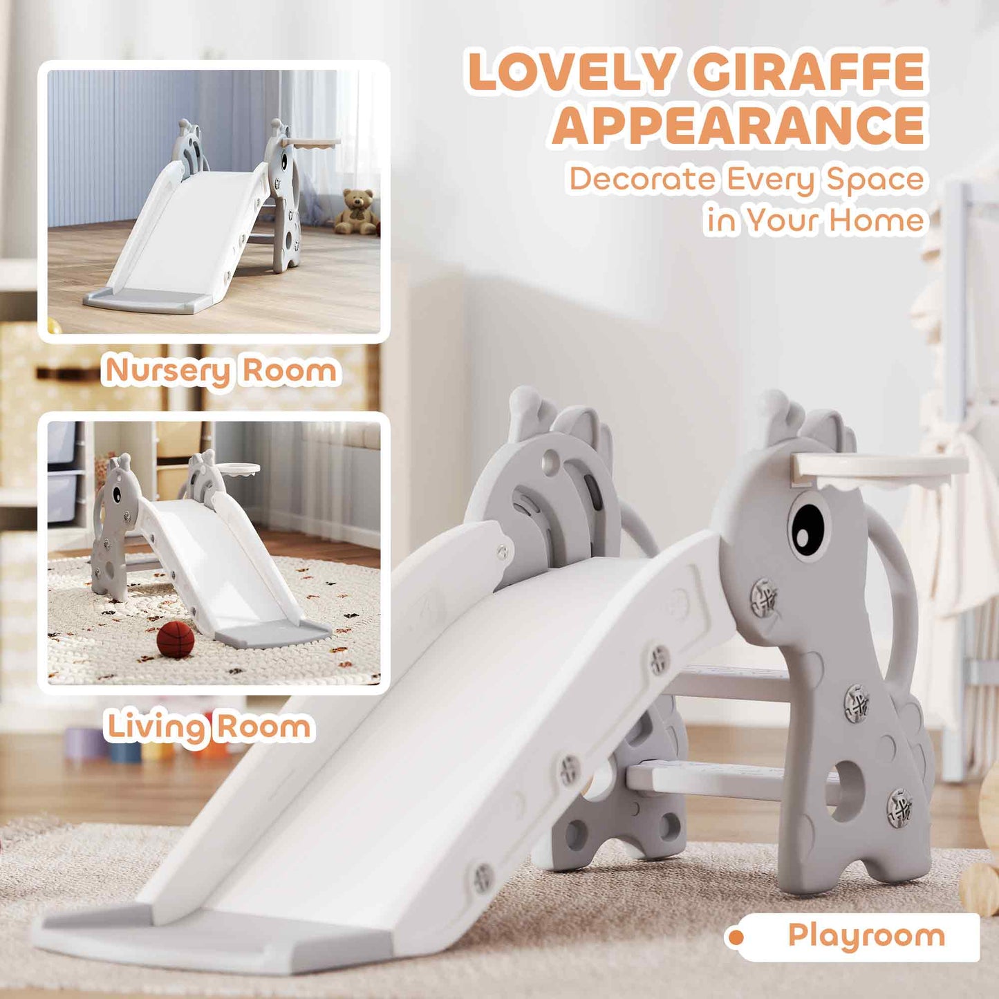 3 in 1 Kids Slide with Climber, Basketball Hoop and Ball, Grey