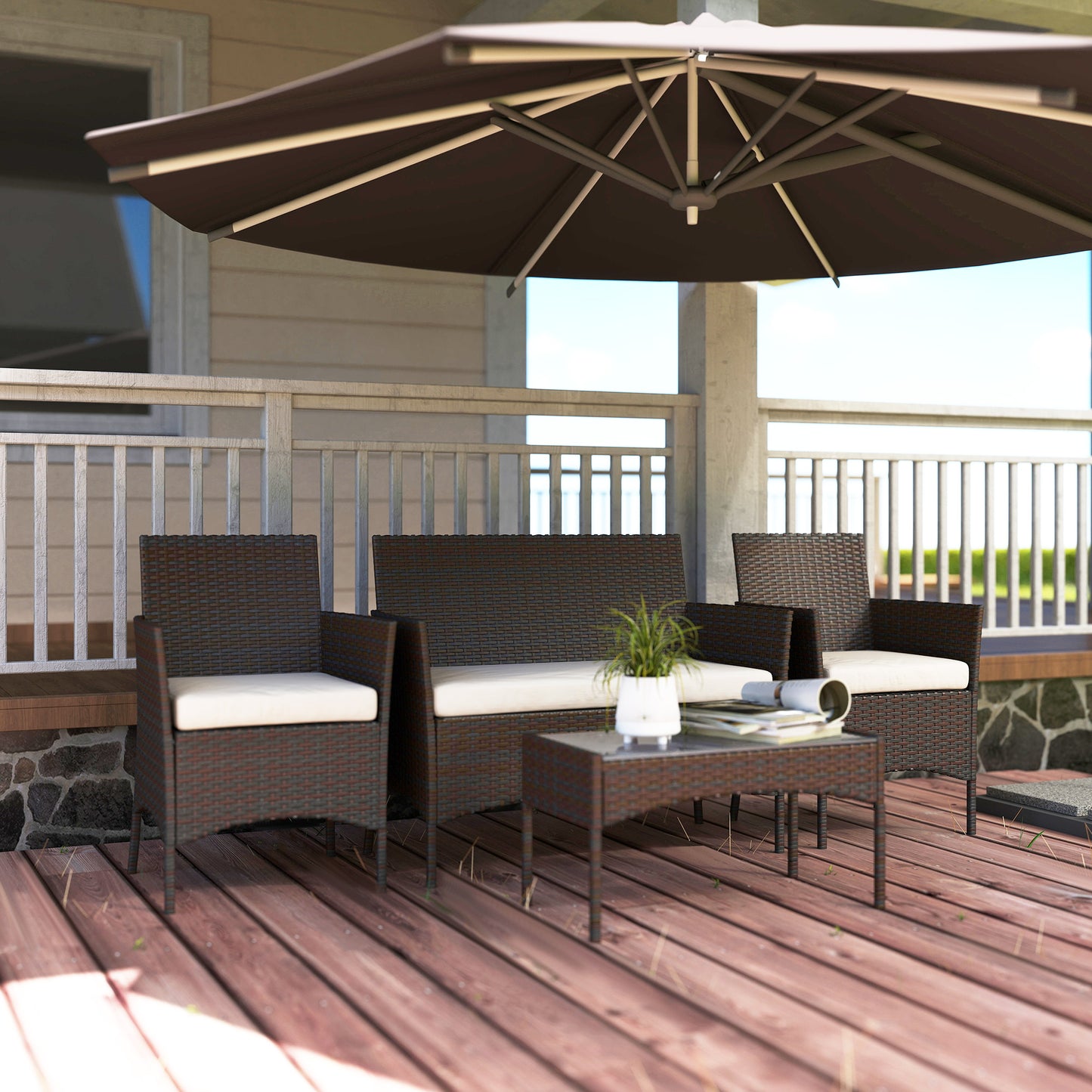 4 Piece Rattan Garden Furniture Sofa Set with Cushions, Brown