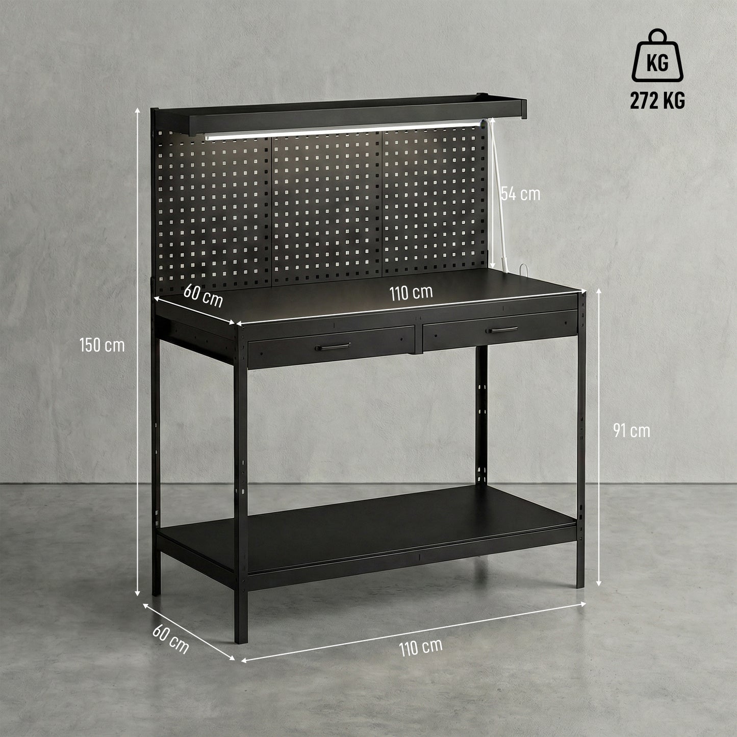 110 cm Workbench with Pegboard and LED Light, 272 kg Load Capacity