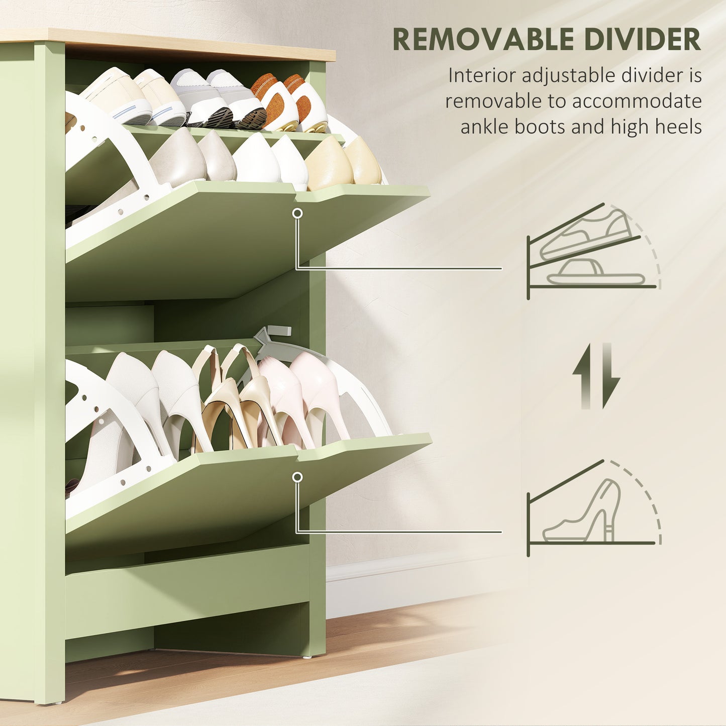 12-Shoe Storage Cabinet 4 Shelves 2 Drawers Tabletop Green