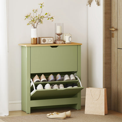12-Shoe Storage Cabinet 4 Shelves 2 Drawers Tabletop Green