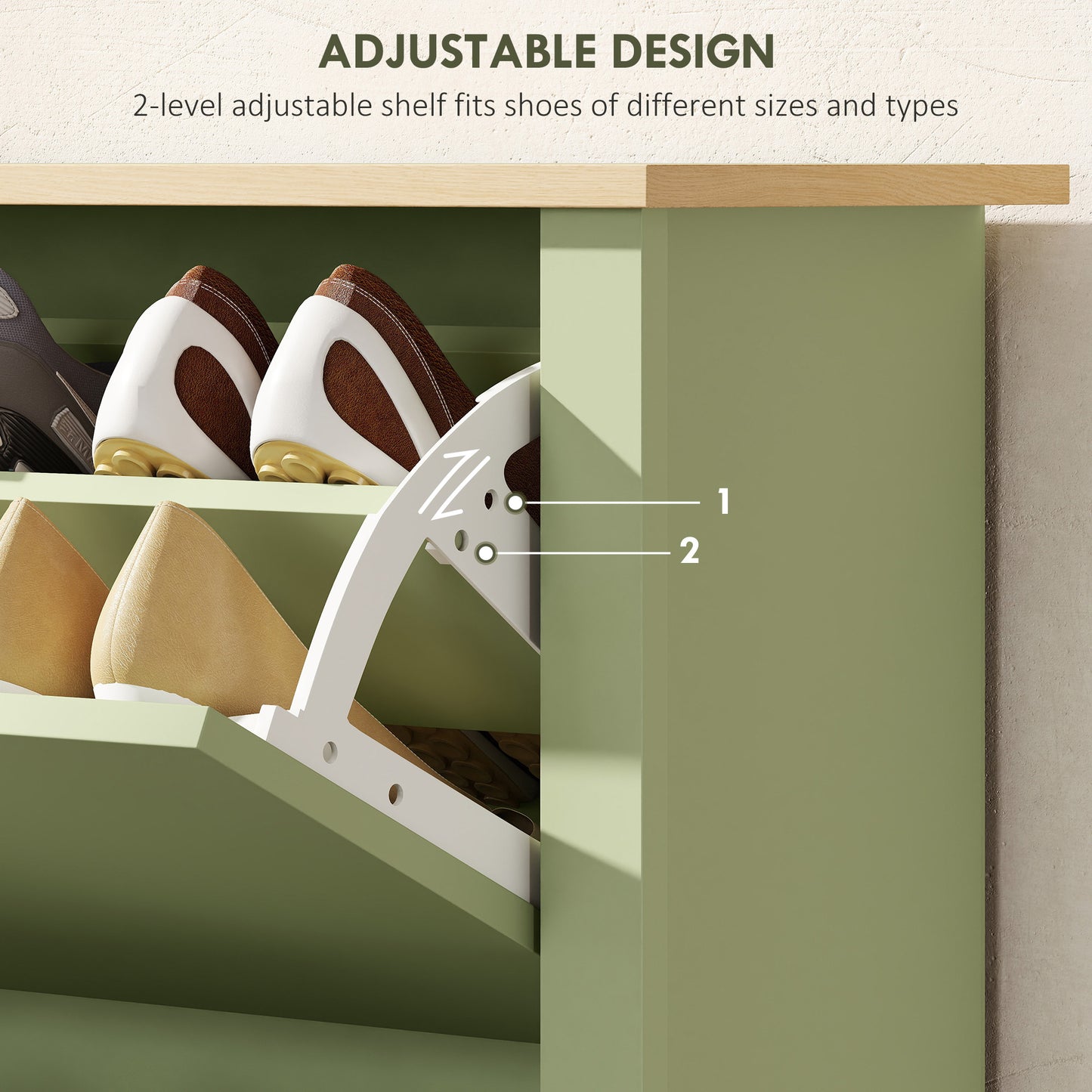 12-Shoe Storage Cabinet 4 Shelves 2 Drawers Tabletop Green