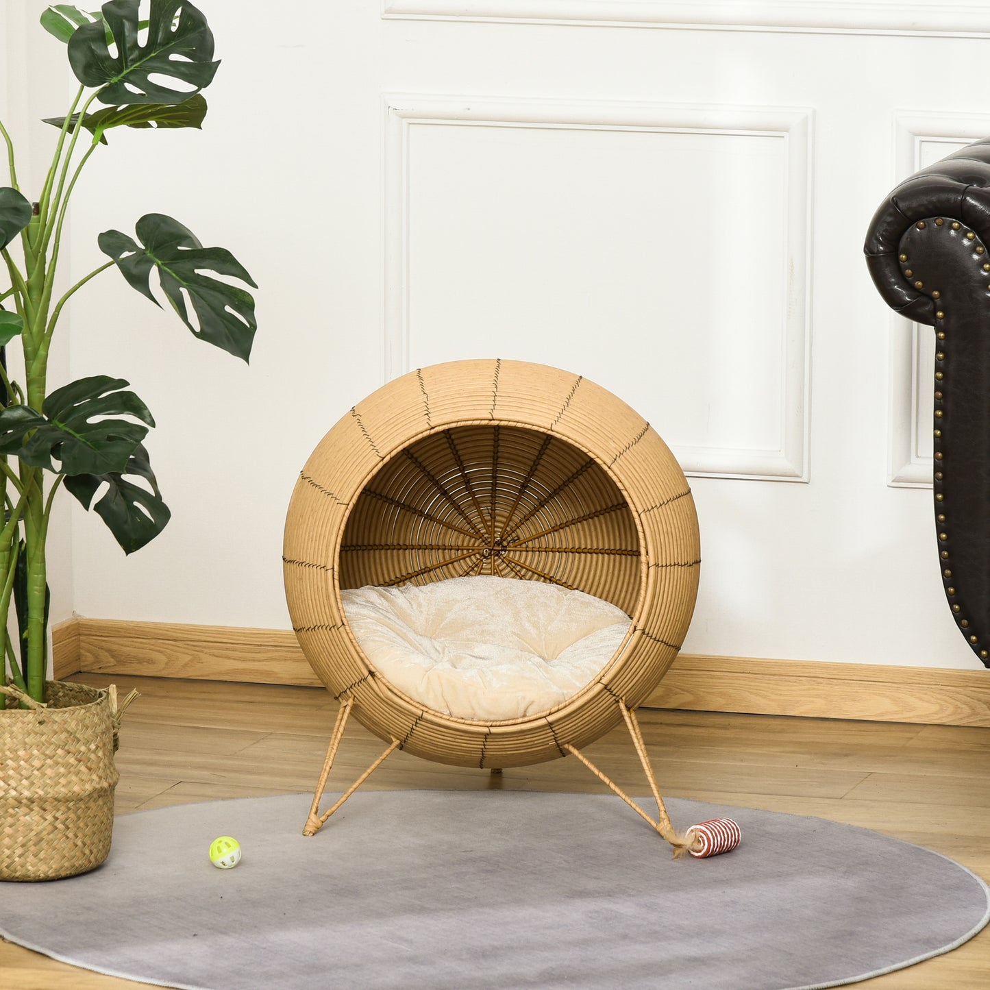 Wicker Cat Bed Elevated Rattan Kitten Basket Cozy Cave w/ Soft Cushion