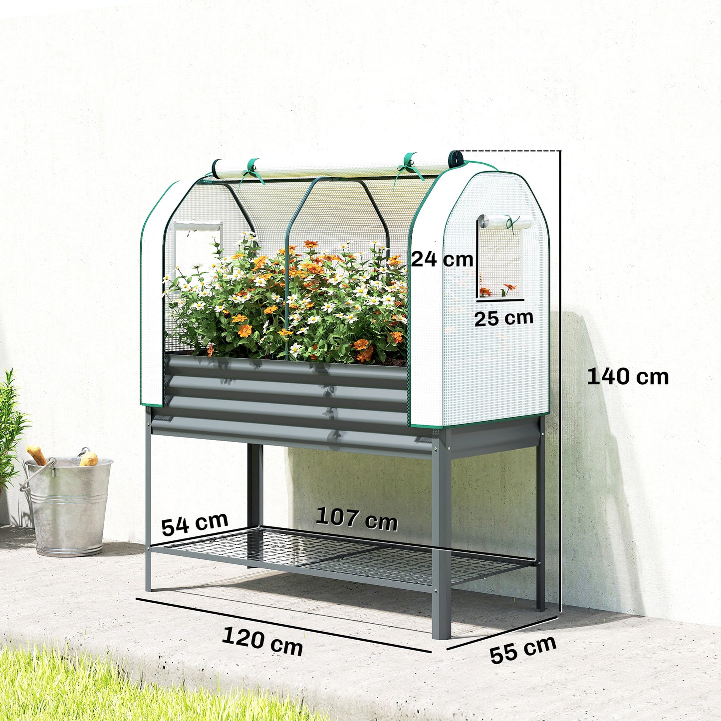Galvanised Raised Planter with Greenhouse Cover and Bottom Shelf