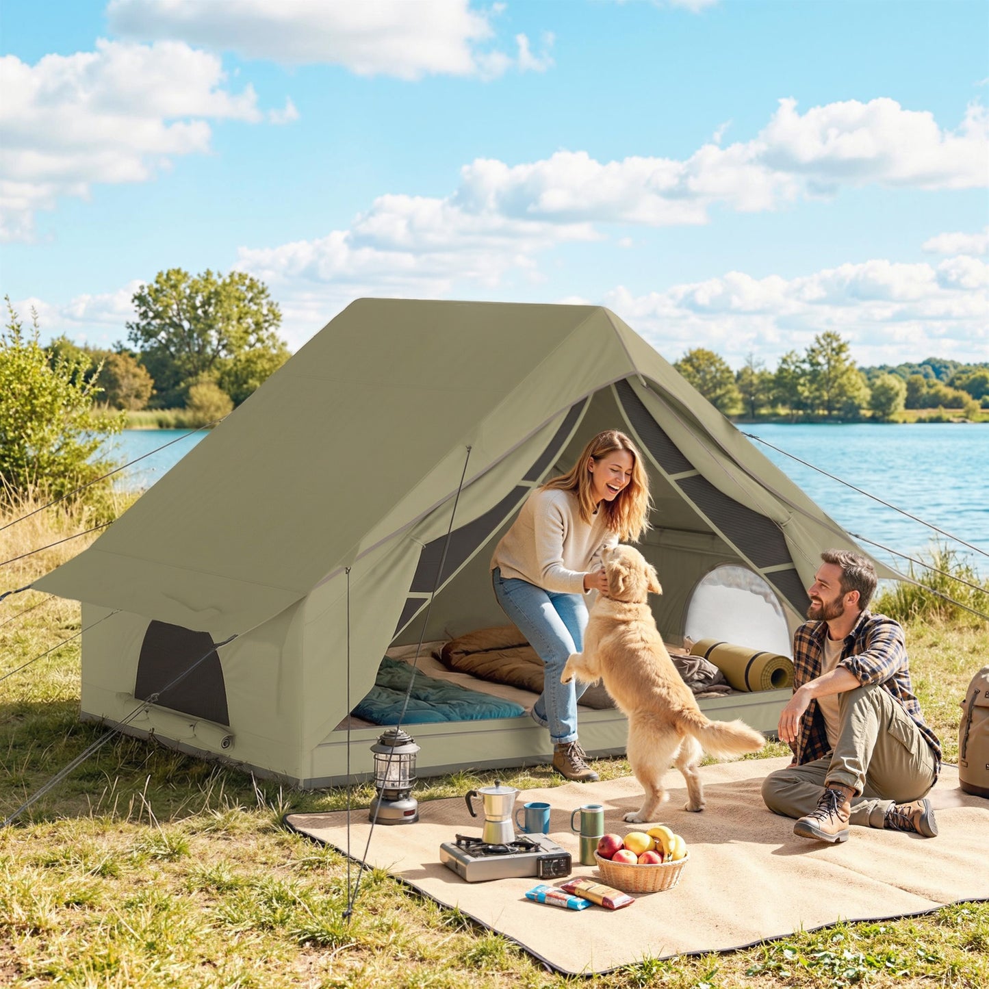 Inflatable Camping Tent with Air Pump, Easy Setup 2-4 Person Blow Up Glamping Tent, 3000mm Waterproof with Mesh Windows and Carry Bag, House Design for Family Weekend Camping, Green