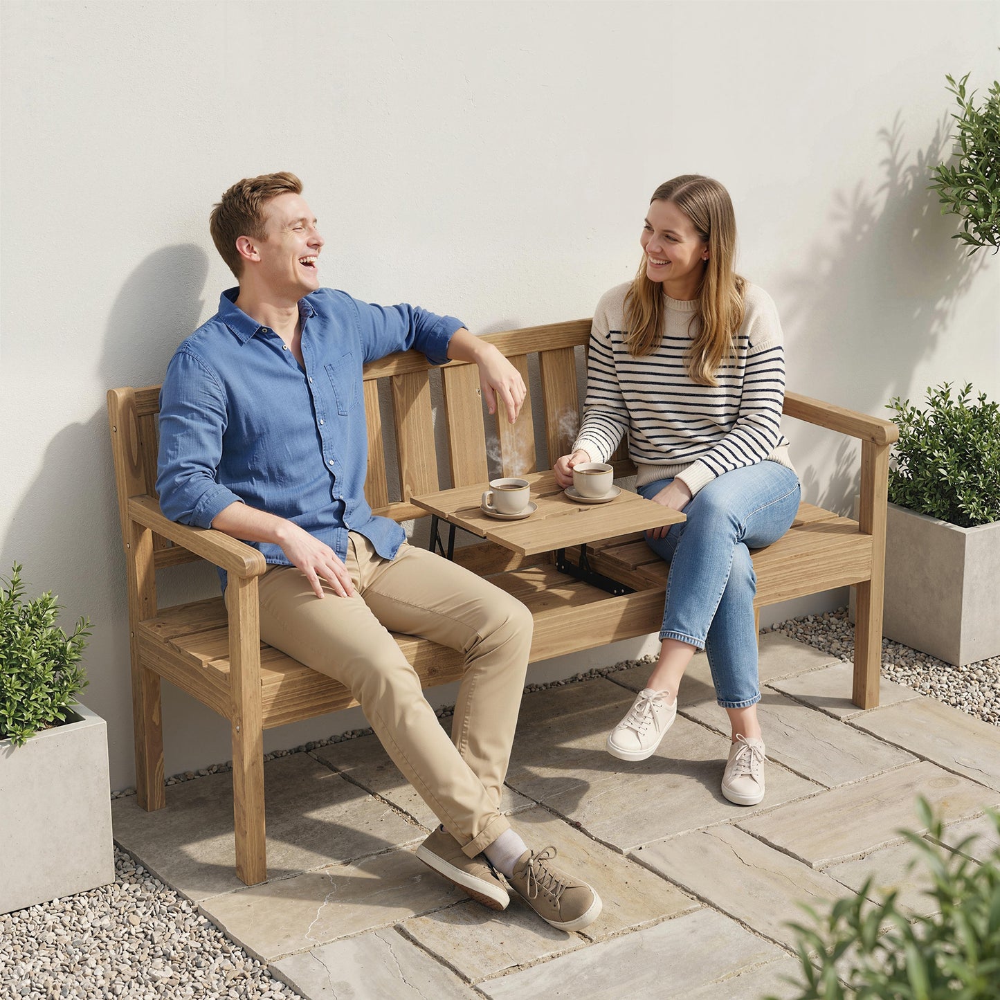 Wooden Garden Loveseat Bench with Table and Hidden Shelf, Teak
