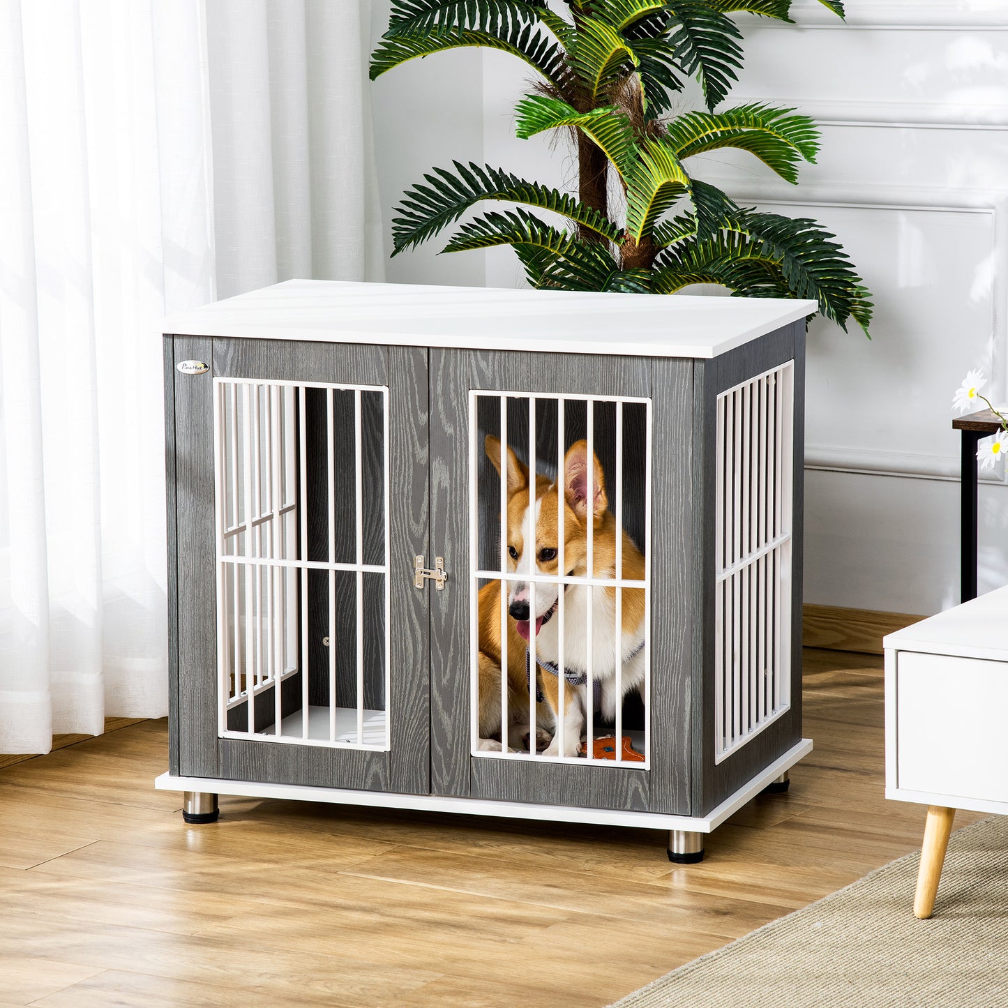 Modern Dog Crate Pet Kennel Cage w/ Lockable Door - Grey & White
