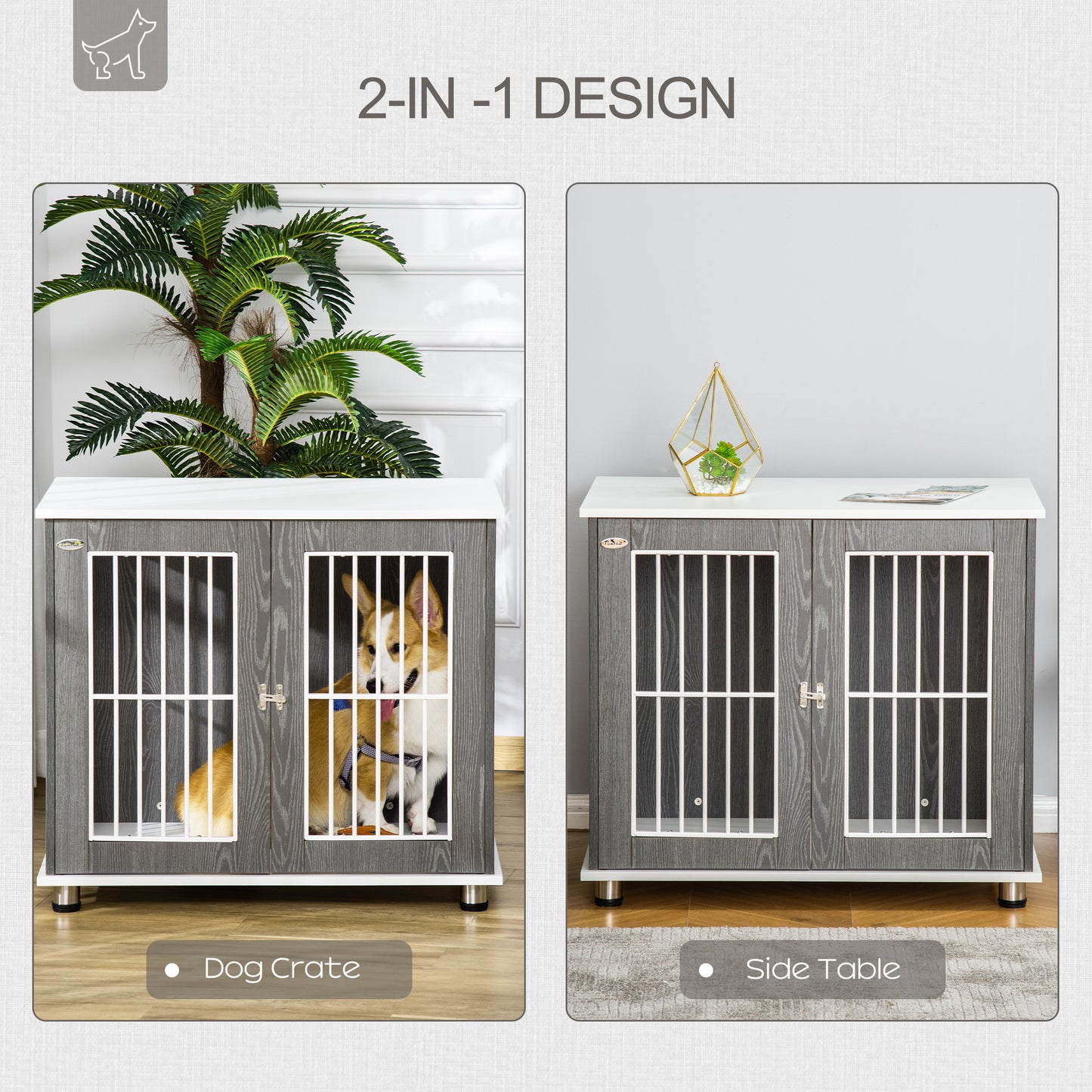 Modern Dog Crate Pet Kennel Cage w/ Lockable Door - Grey & White