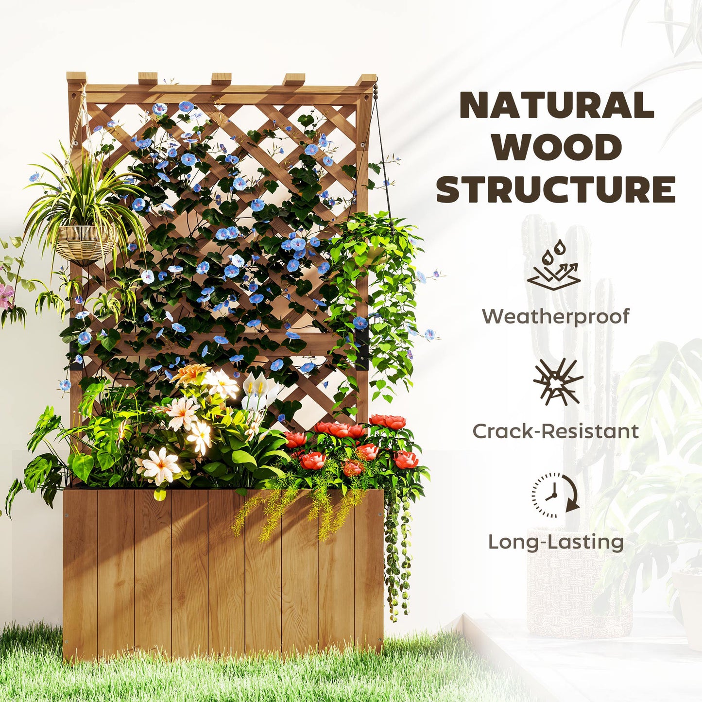 Wooden Planter with Trellis and Drainage Holes, Natural