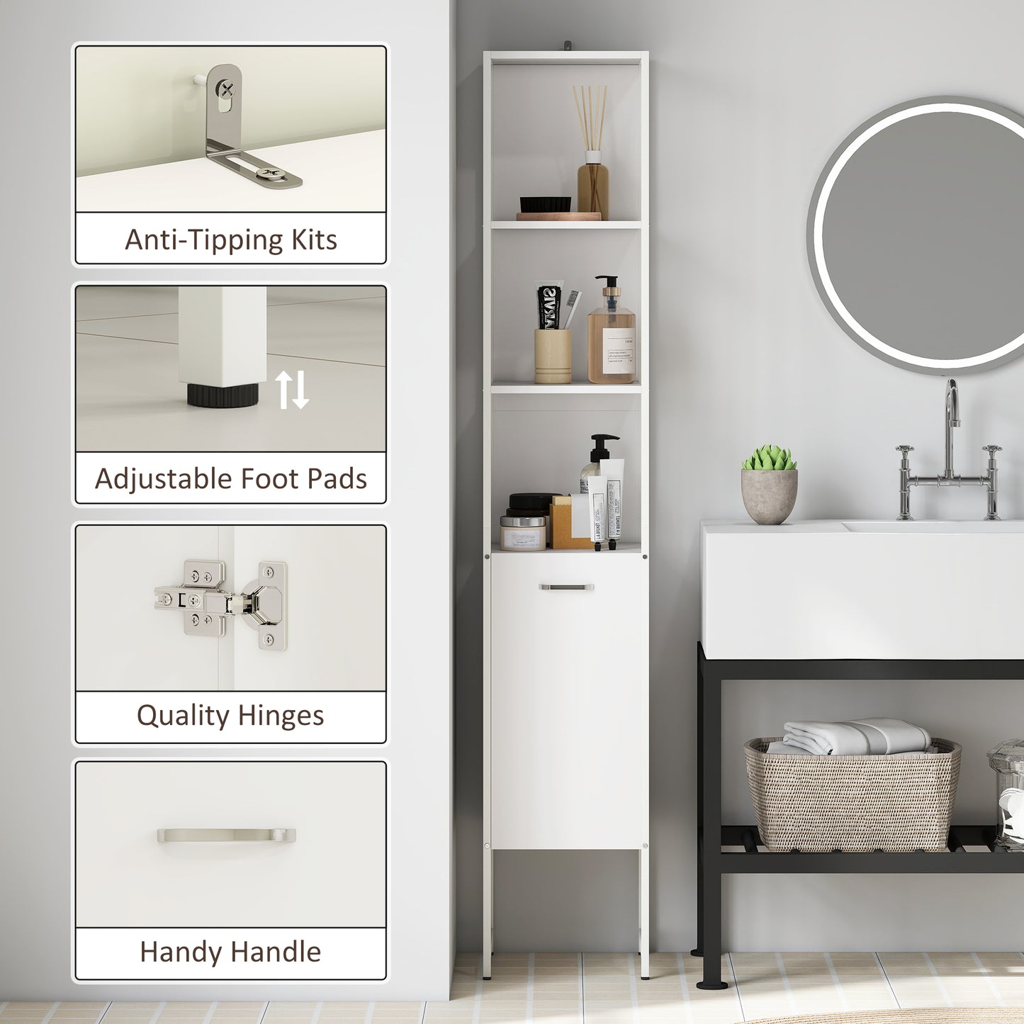 Tall Bathroom Cabinet with 3 Open Shelves Adjustable Shelf, White