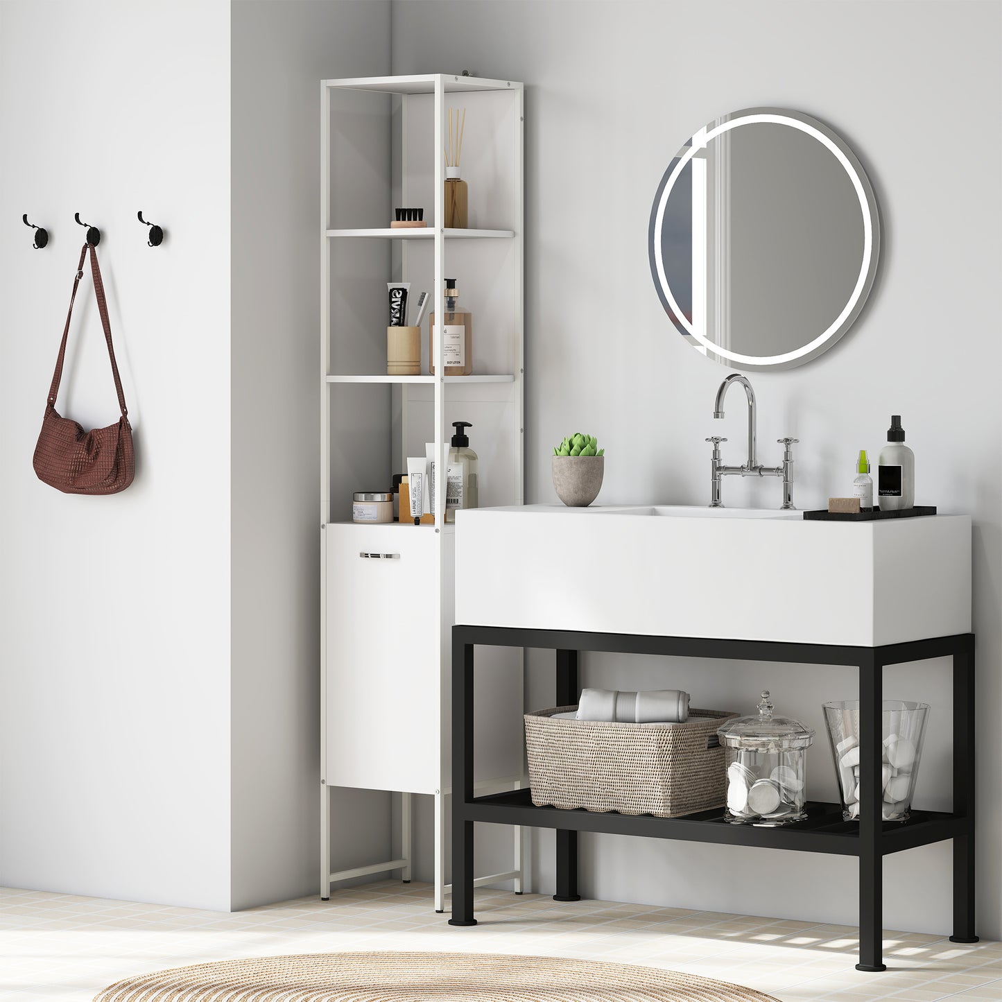 Tall Bathroom Cabinet with 3 Open Shelves Adjustable Shelf, White