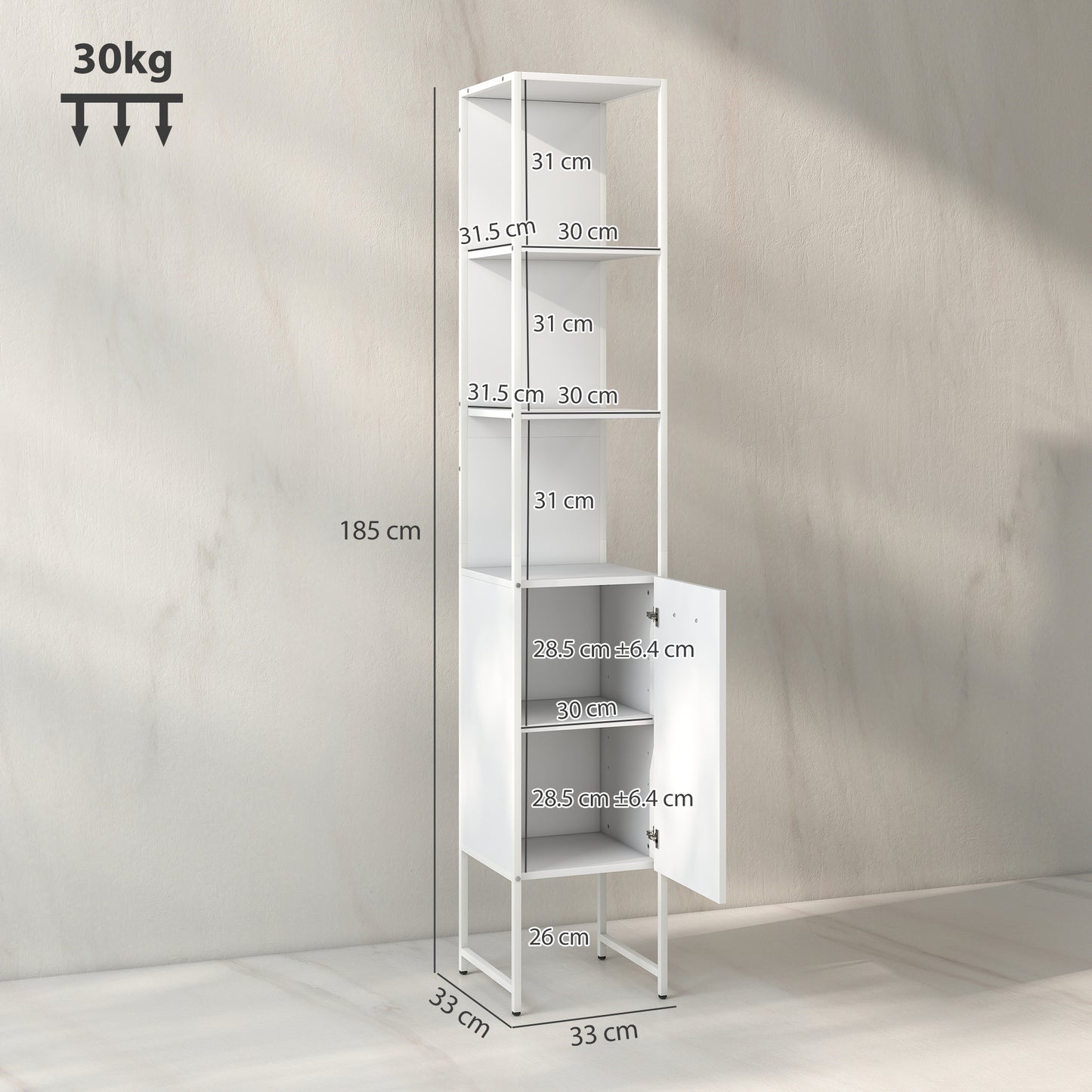 Tall Bathroom Cabinet with 3 Open Shelves Adjustable Shelf, White