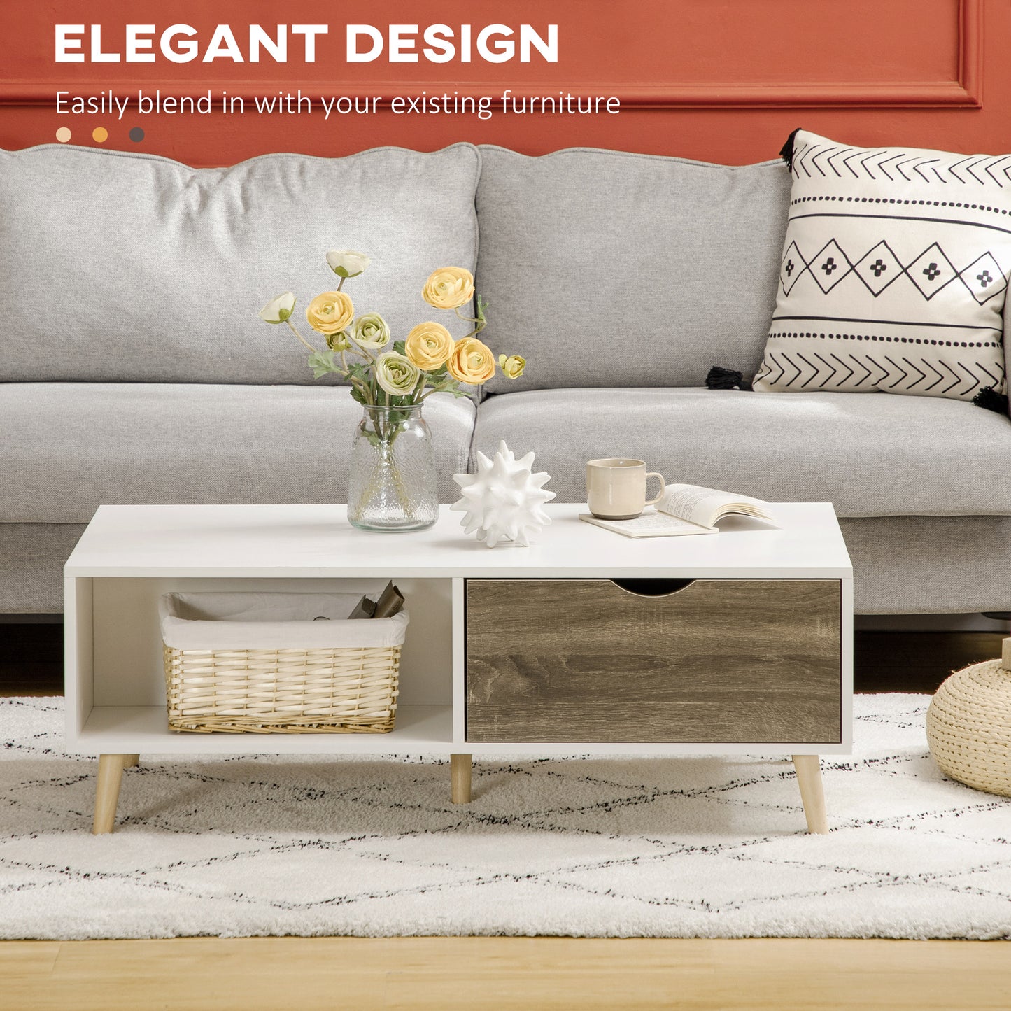 Modern Coffee Tables for Living Room w/ Storage Shelves, White