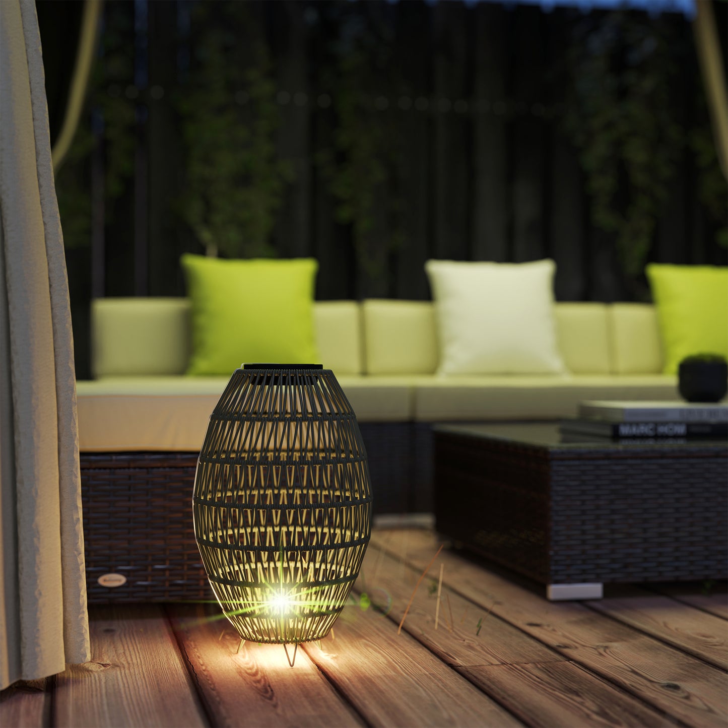 Rattan Solar Lamp, Auto On/Off Garden Lantern, Dark Brown