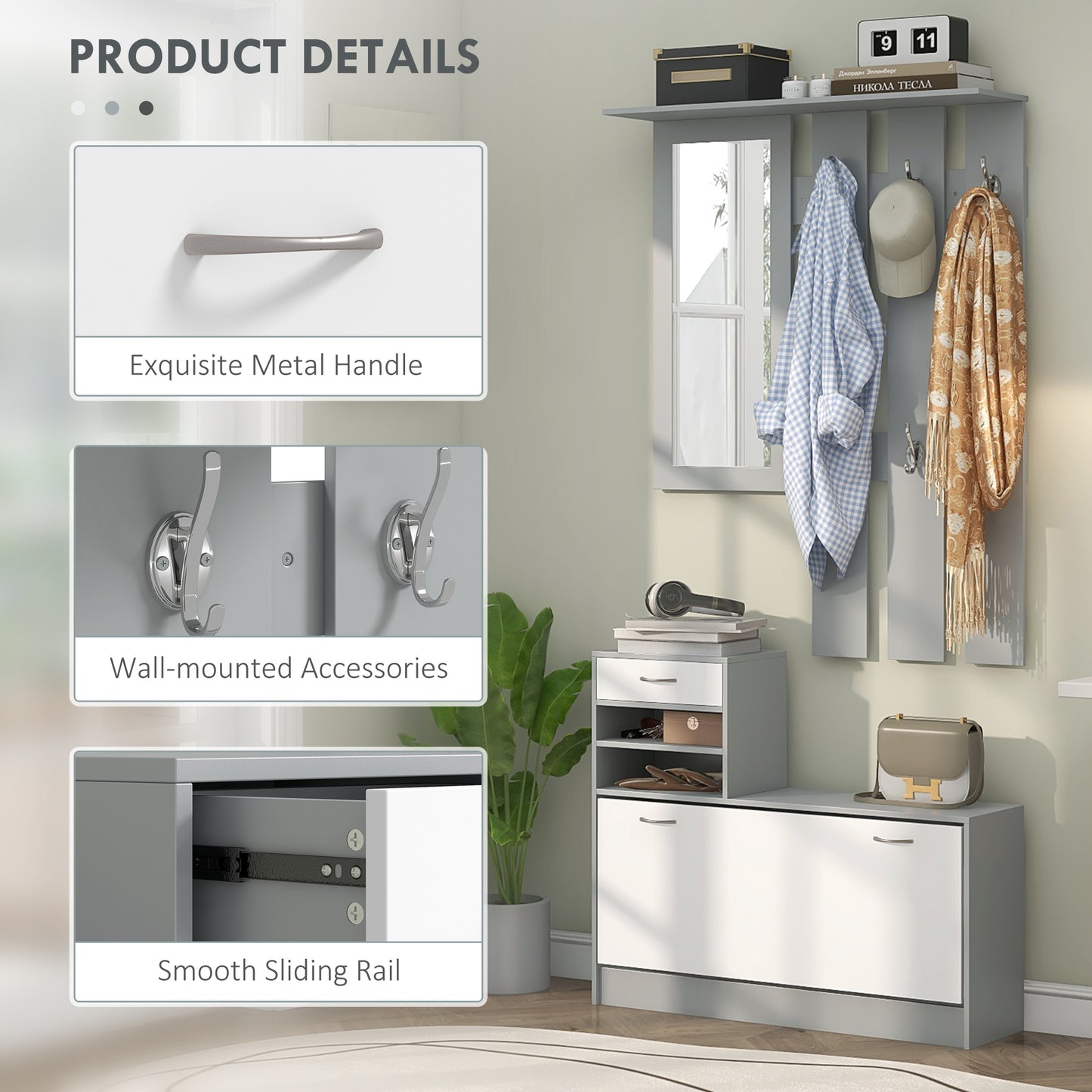 Hallway Furniture Set with Shoe Cabinet, Coat Rack and Mirror, Grey