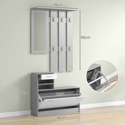 Hallway Furniture Set with Shoe Cabinet, Coat Rack and Mirror, Grey