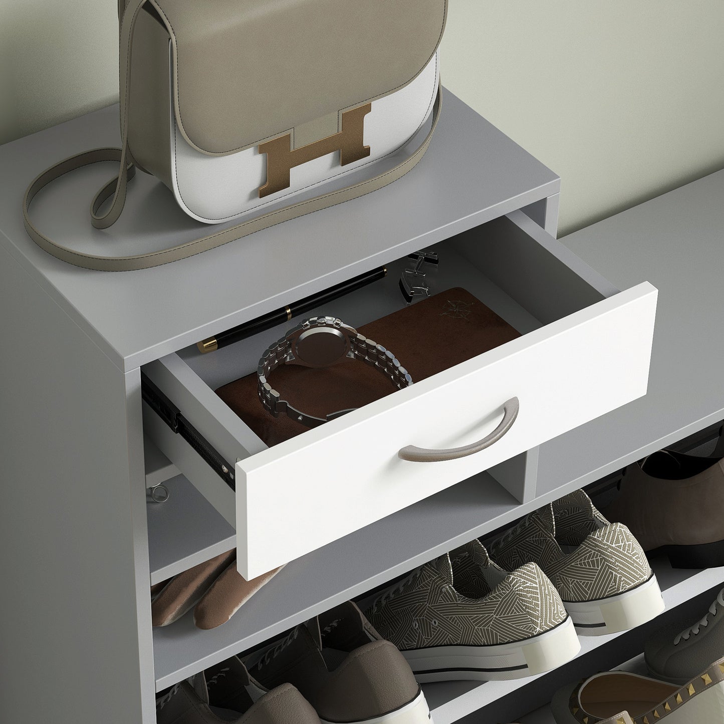 Hallway Furniture Set with Shoe Cabinet, Coat Rack and Mirror, Grey