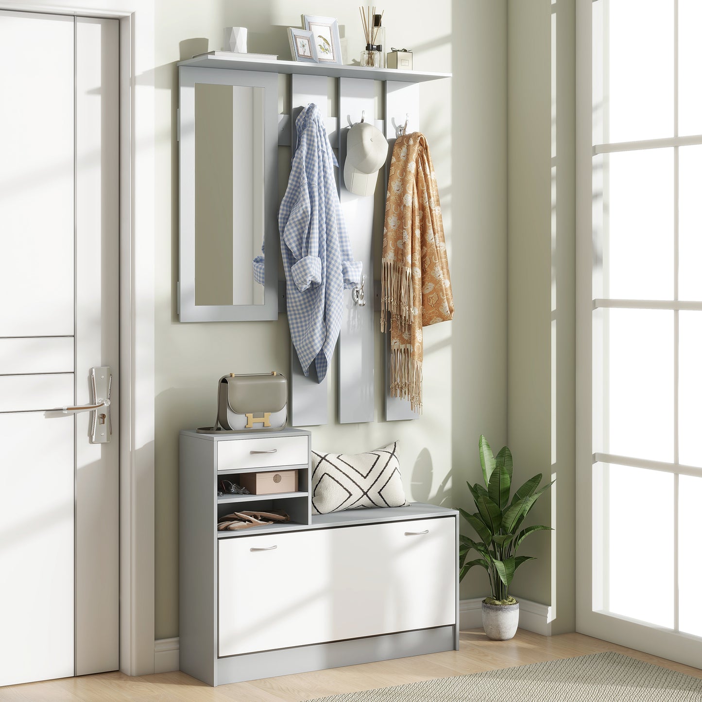 Hallway Furniture Set with Shoe Cabinet, Coat Rack and Mirror, Grey