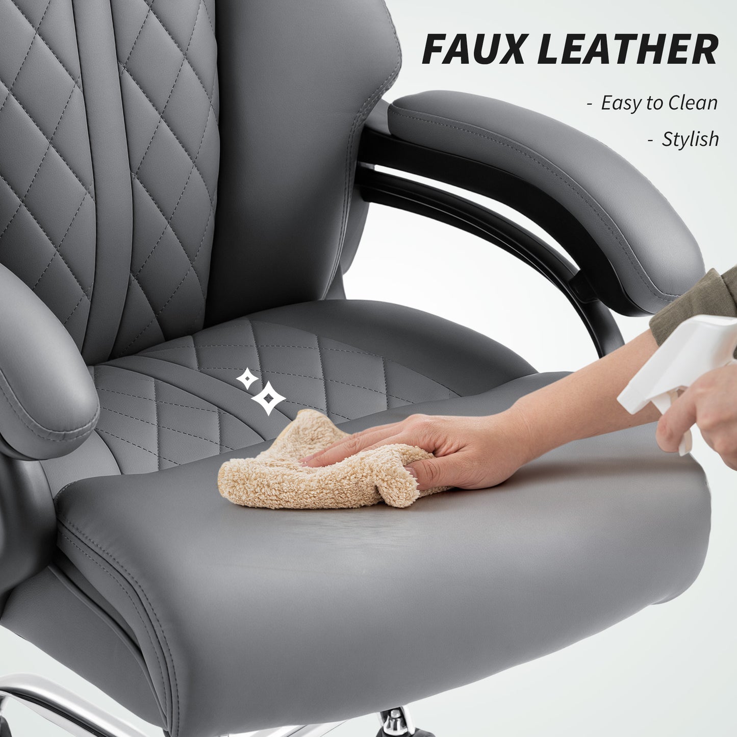 PU Leather Office Chair with Spring Padding, Swivel Wheels, Grey