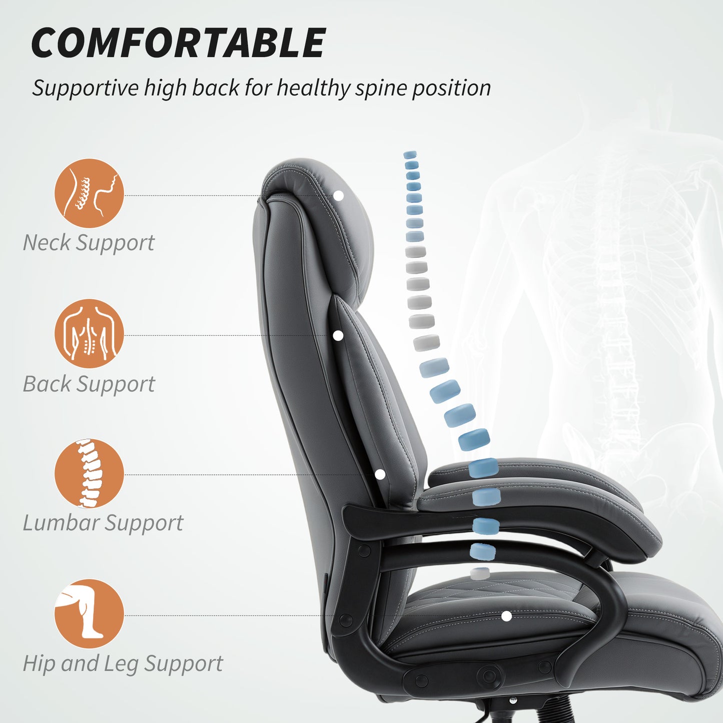 PU Leather Office Chair with Spring Padding, Swivel Wheels, Grey