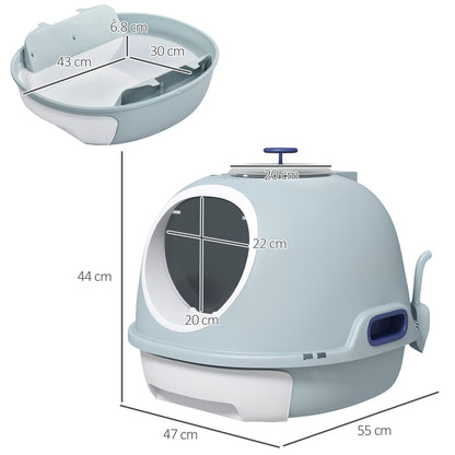 Cat Litter Box Toilet With Litter Scoop Enclosed Drawer Skylight Easy To Clean Blue