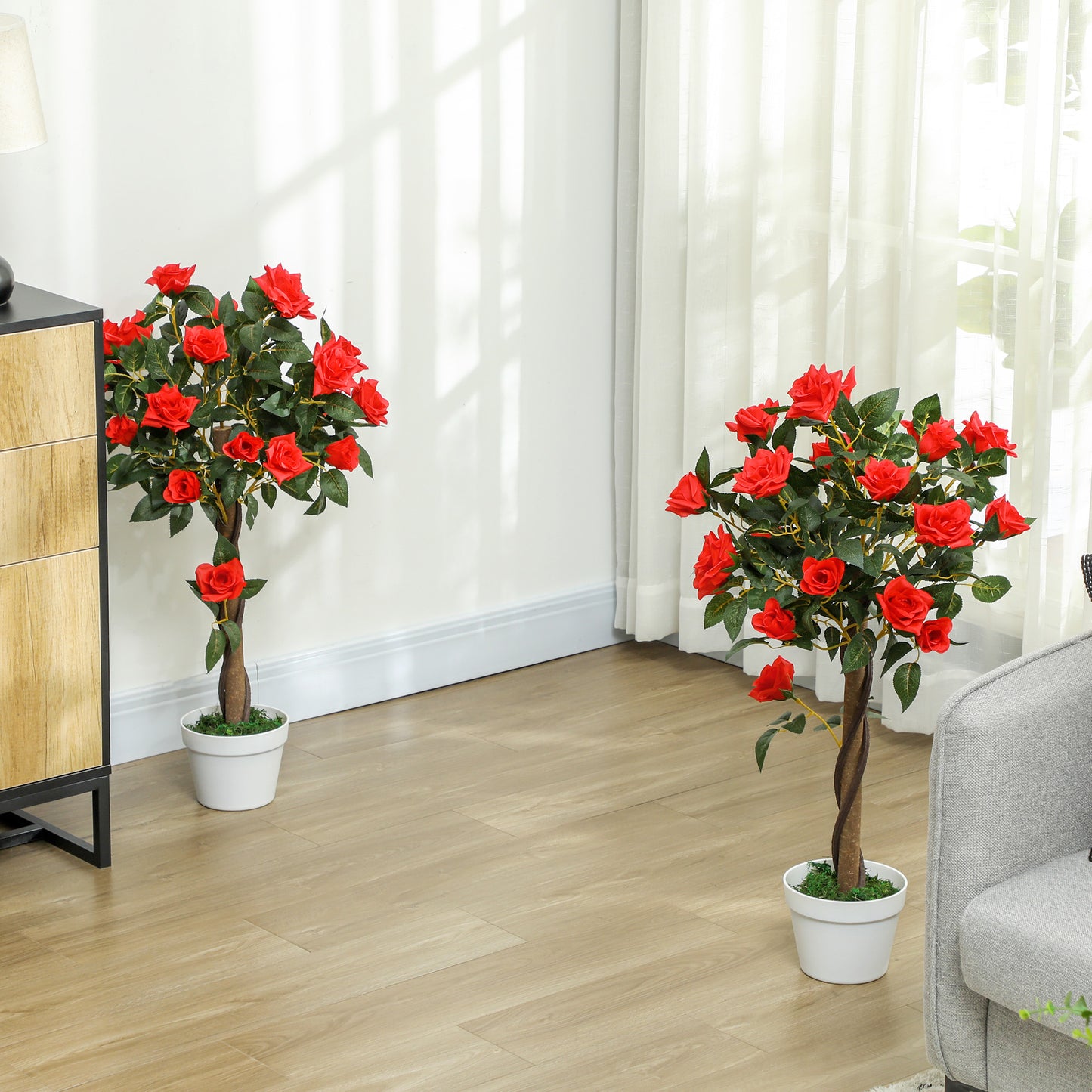 Set of 2 90cm Artificial Rose Tree, Fake Decorative Plant, Red