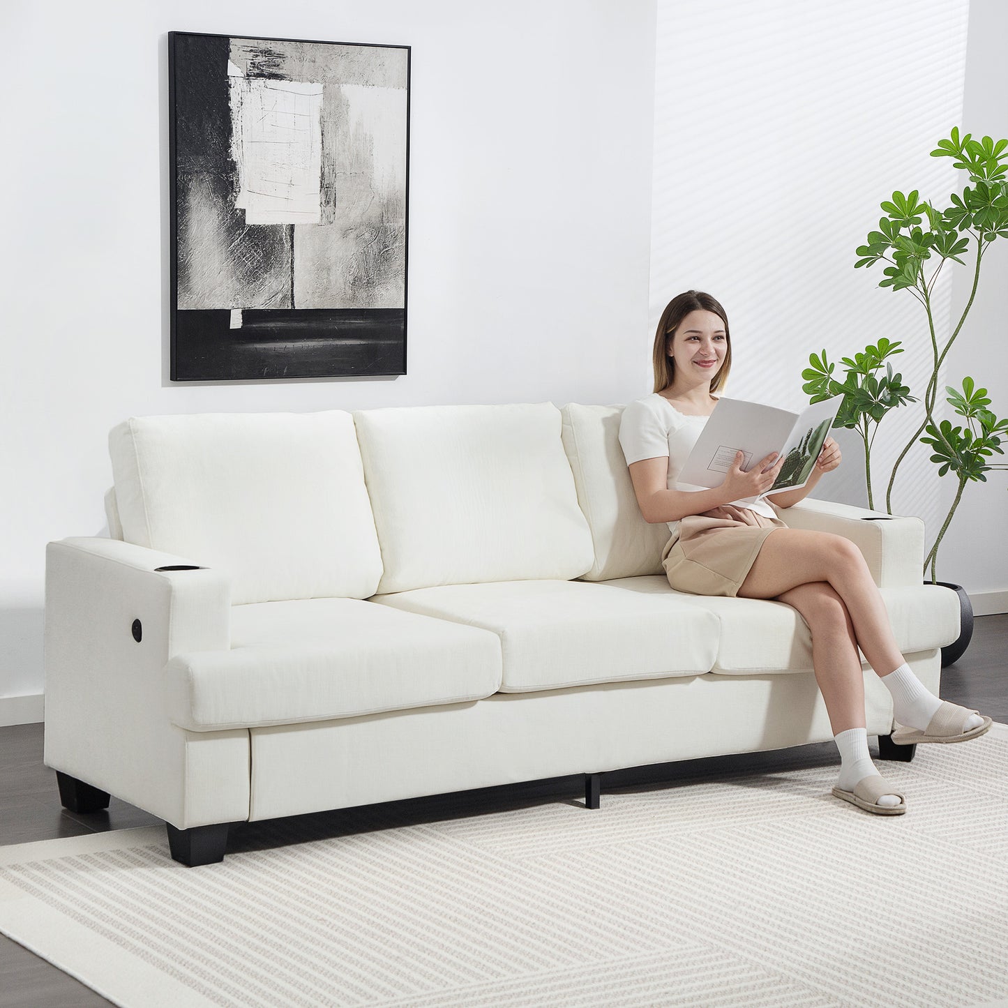 3 Seater Sofa, Fabric Sofa with USB Ports and Cup Holders, Cream