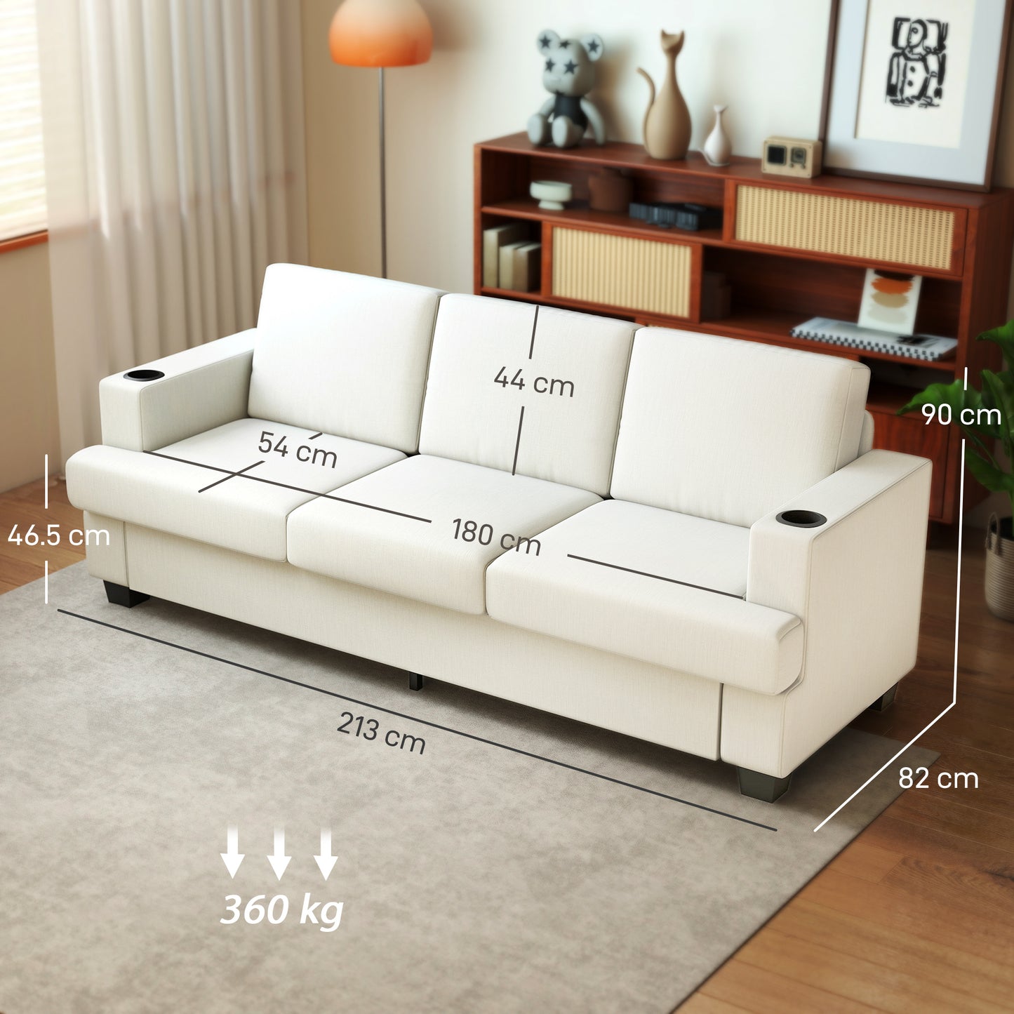 3 Seater Sofa, Fabric Sofa with USB Ports and Cup Holders, Cream