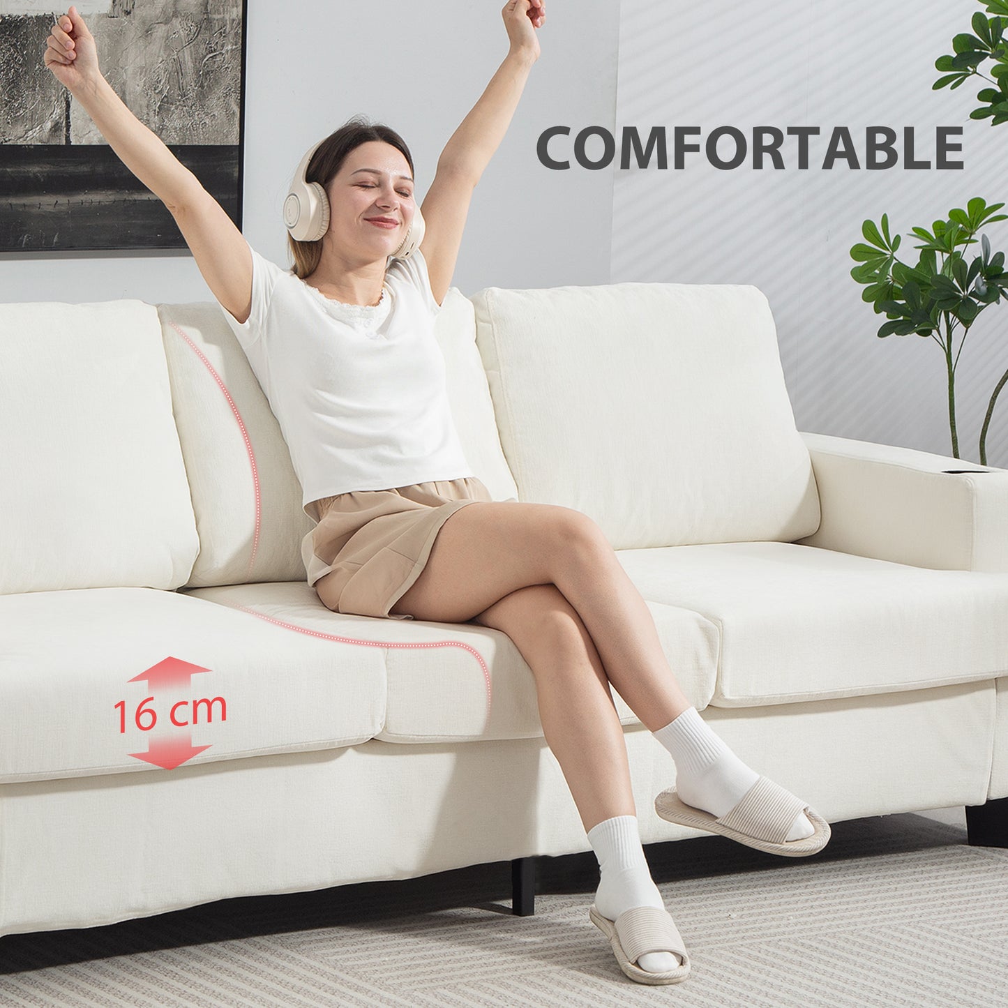 3 Seater Sofa, Fabric Sofa with USB Ports and Cup Holders, Cream