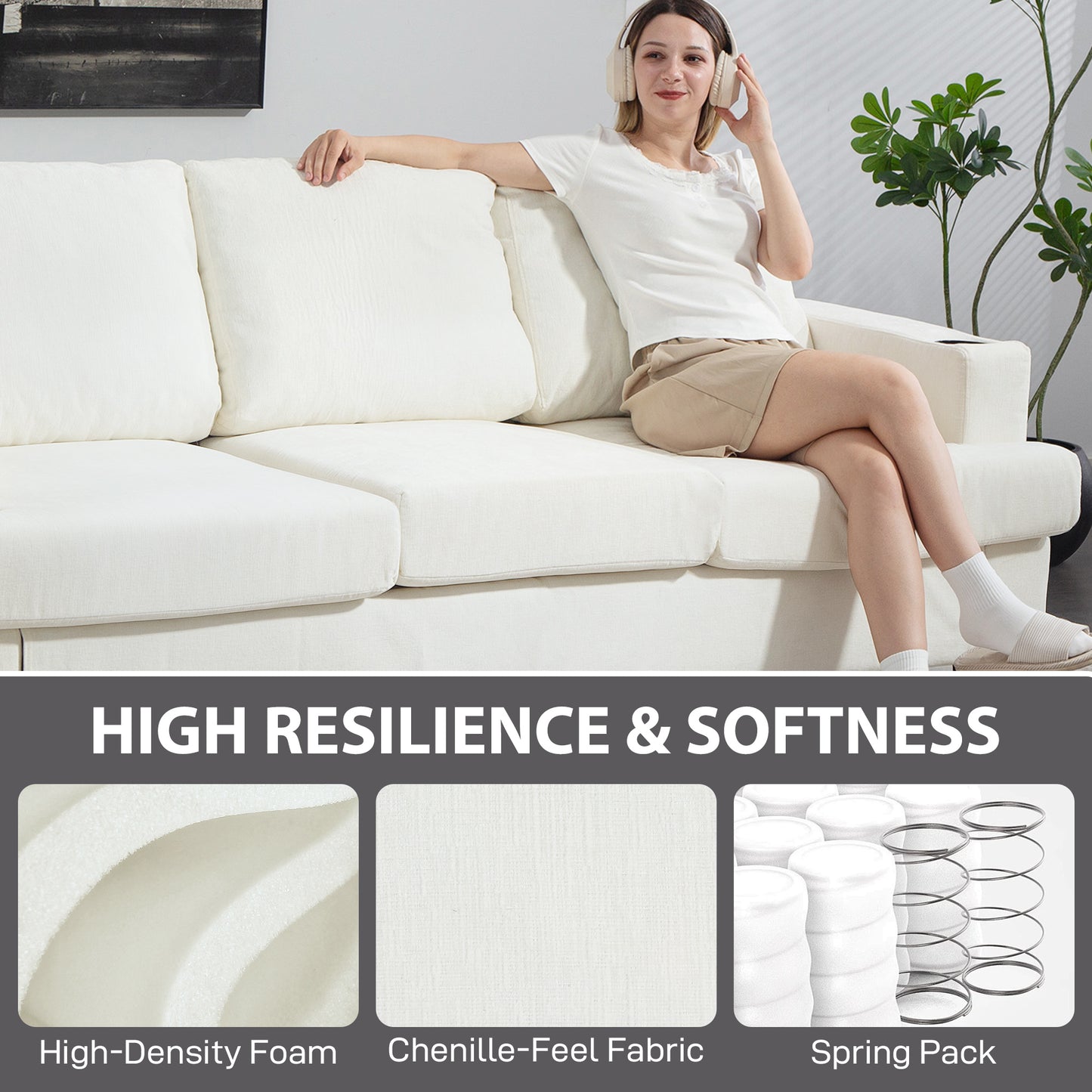 3 Seater Sofa, Fabric Sofa with USB Ports and Cup Holders, Cream