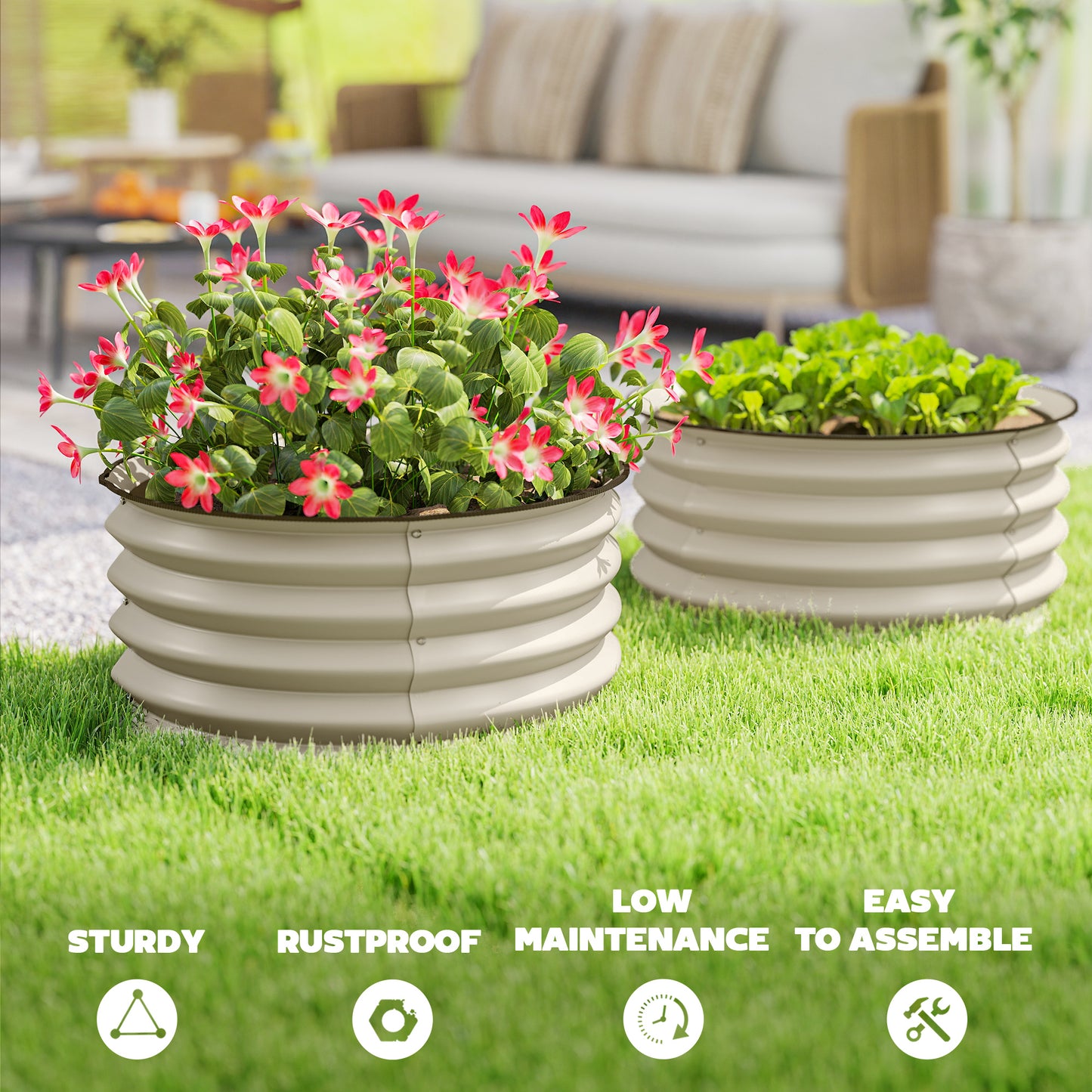 Set of 2 Raised Garden Bed with Safety Edging, Cream White